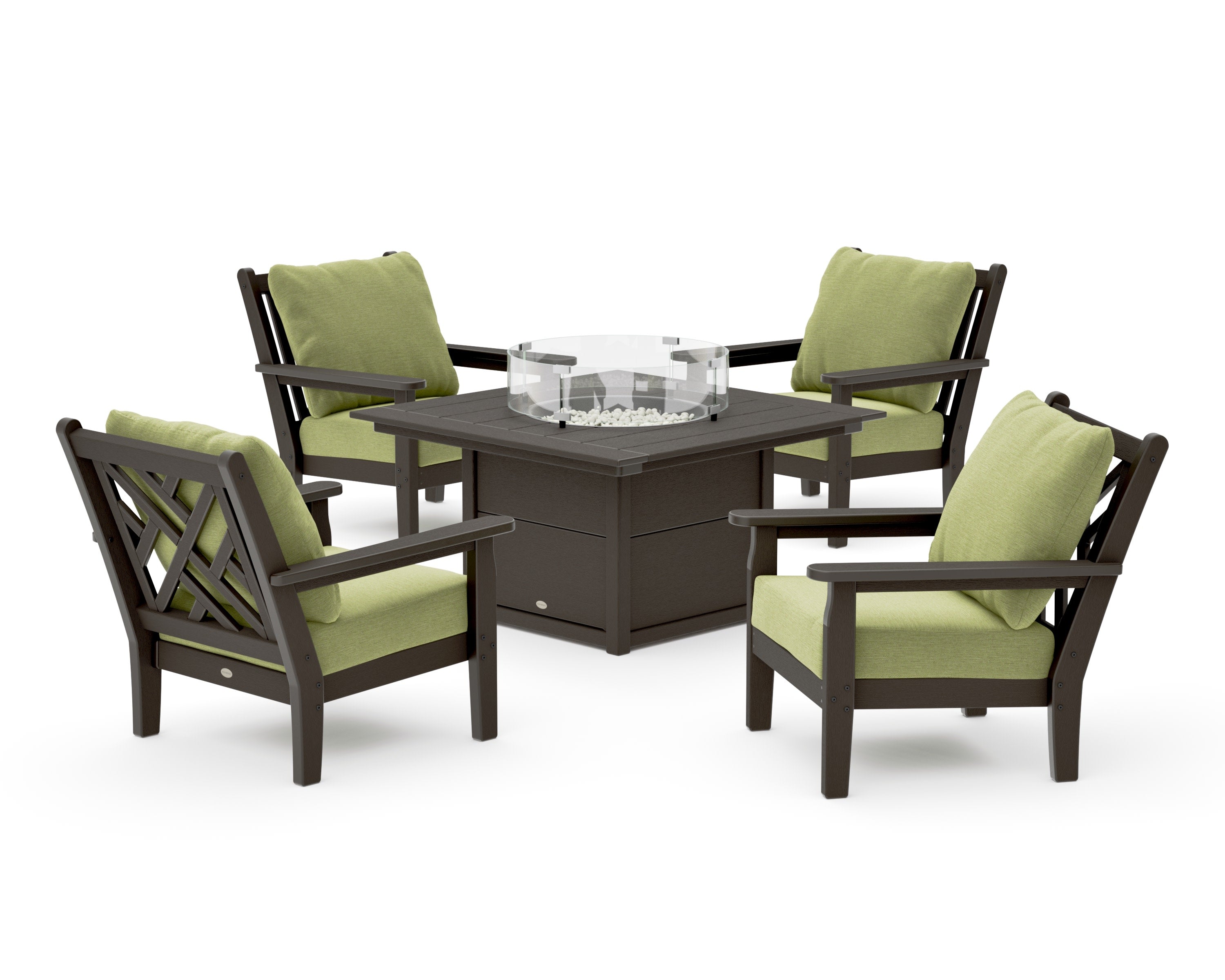 Chippendale 5-Piece Deep Seating Set with Fire Pit Table in Vintage Coffee / Chartreuse Boucle
