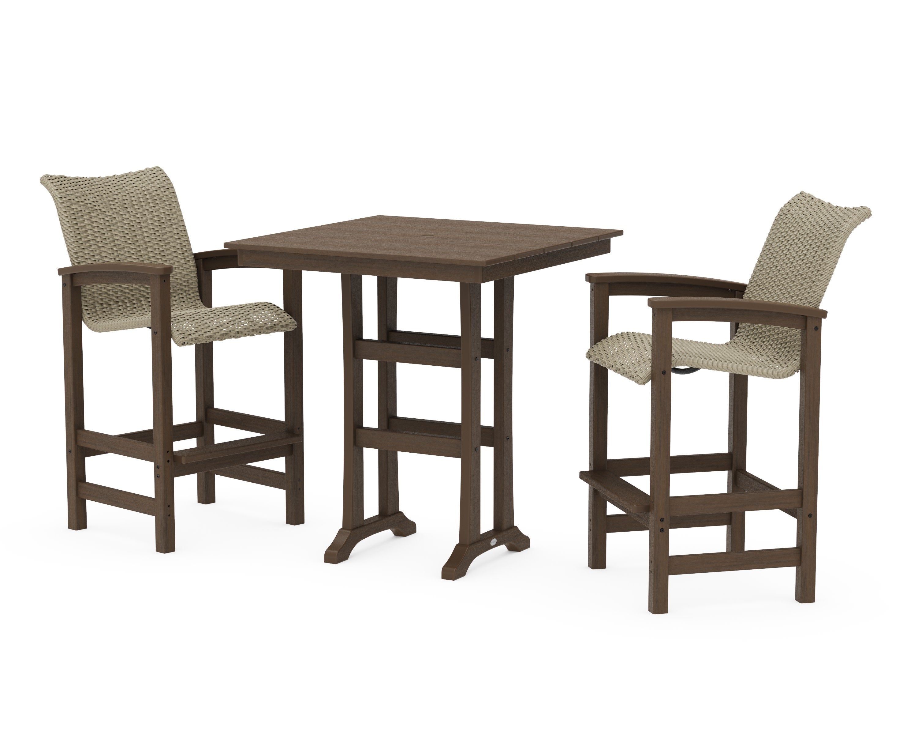 Coastal Woven 3-Piece Farmhouse Bar Set with Trestle Legs in Kona / Dune Grass