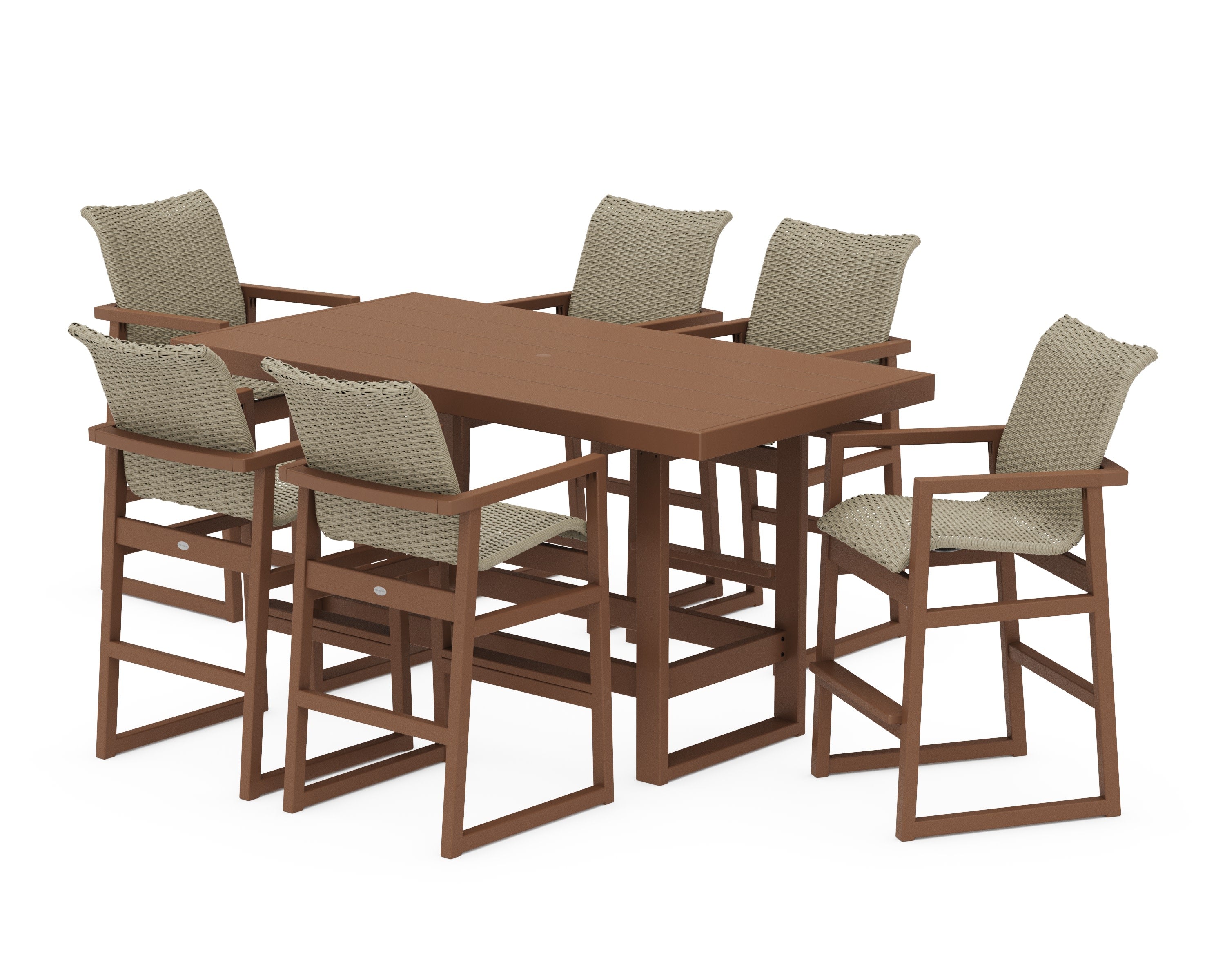 EDGE Woven Arm Chair 7-Piece Bar Set in Teak / Dune Grass