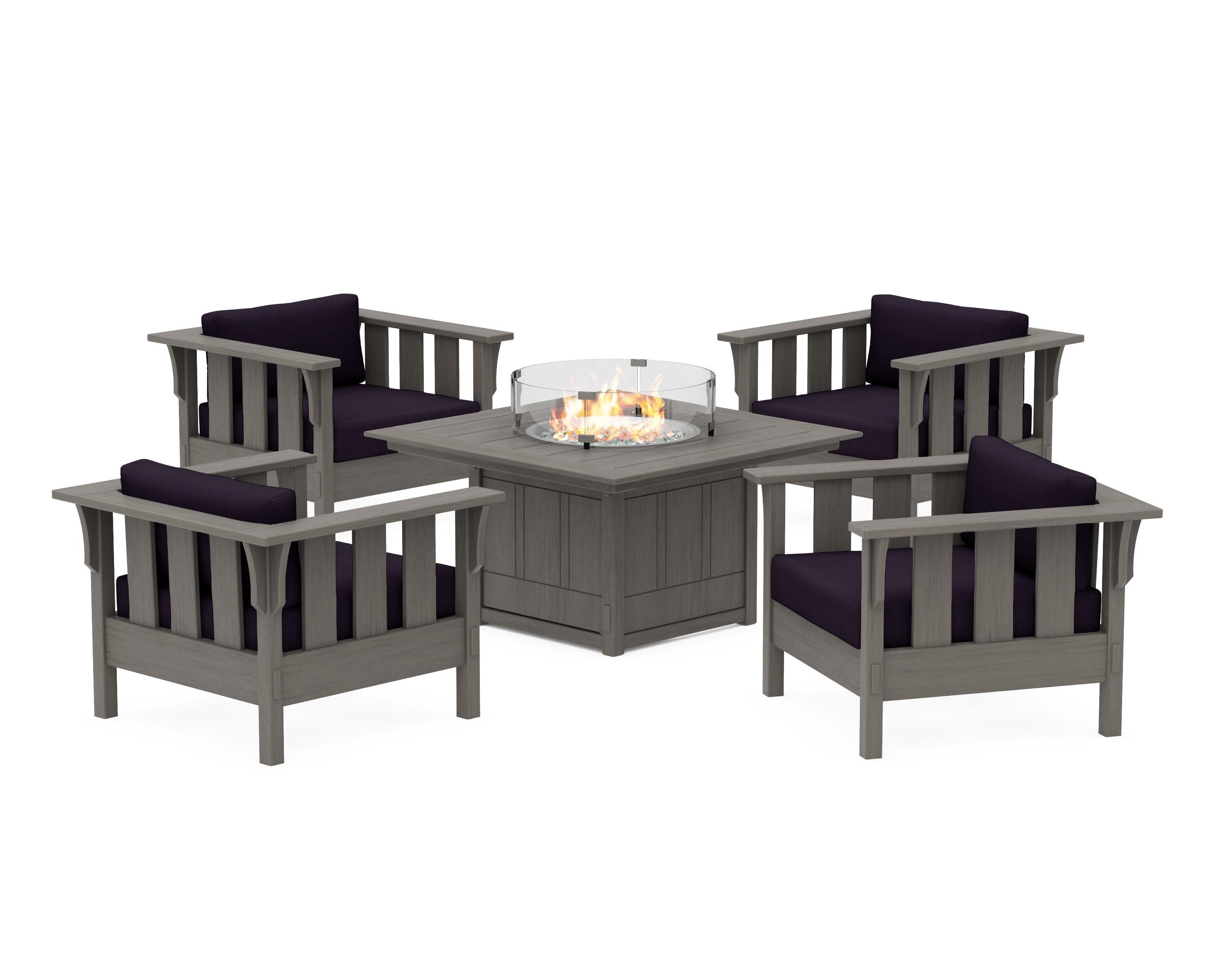 Acadia 5-Piece Deep Seating Set with Fire Pit Table in Driftwood / Navy Linen