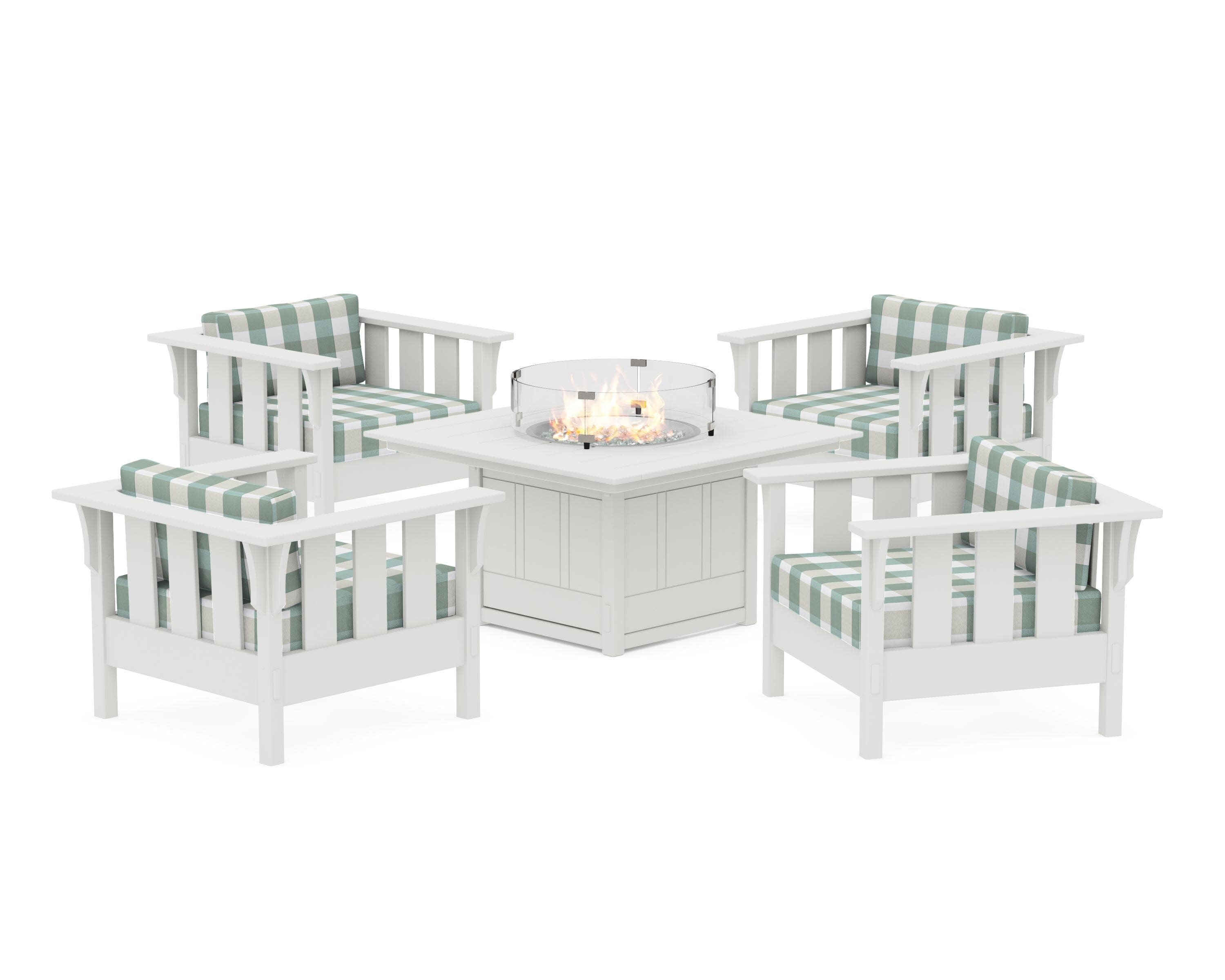 Acadia 5-Piece Deep Seating Set with Fire Pit Table in Vintage White / Buffalo Plaid Glacier Spa