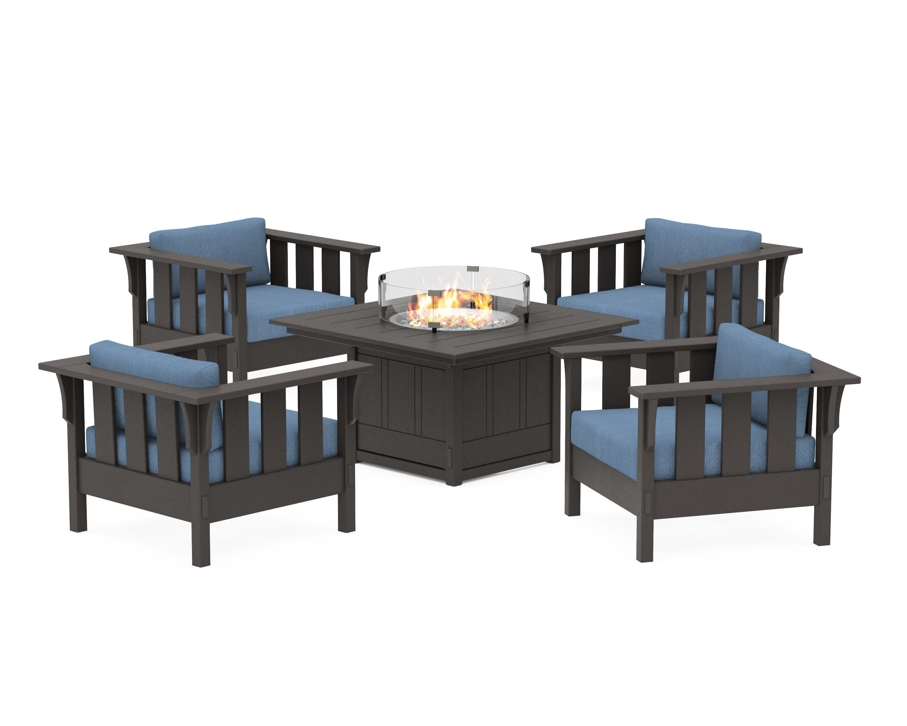 Acadia 5-Piece Deep Seating Set with Fire Pit Table in Vintage Coffee / Sky Blue