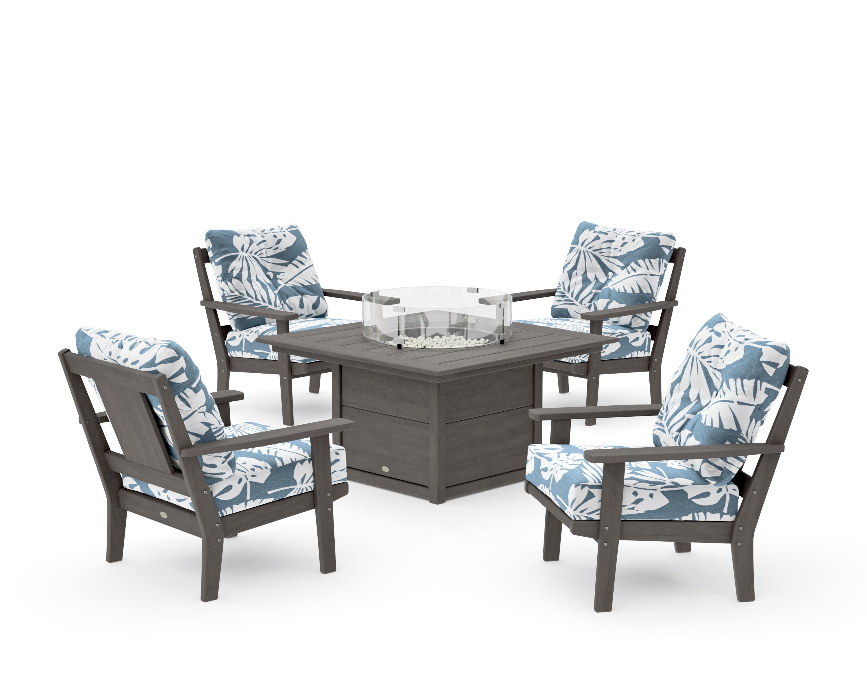 Prairie 5-Piece Deep Seating Set with Fire Pit Table in Driftwood / Leaf Sky Blue