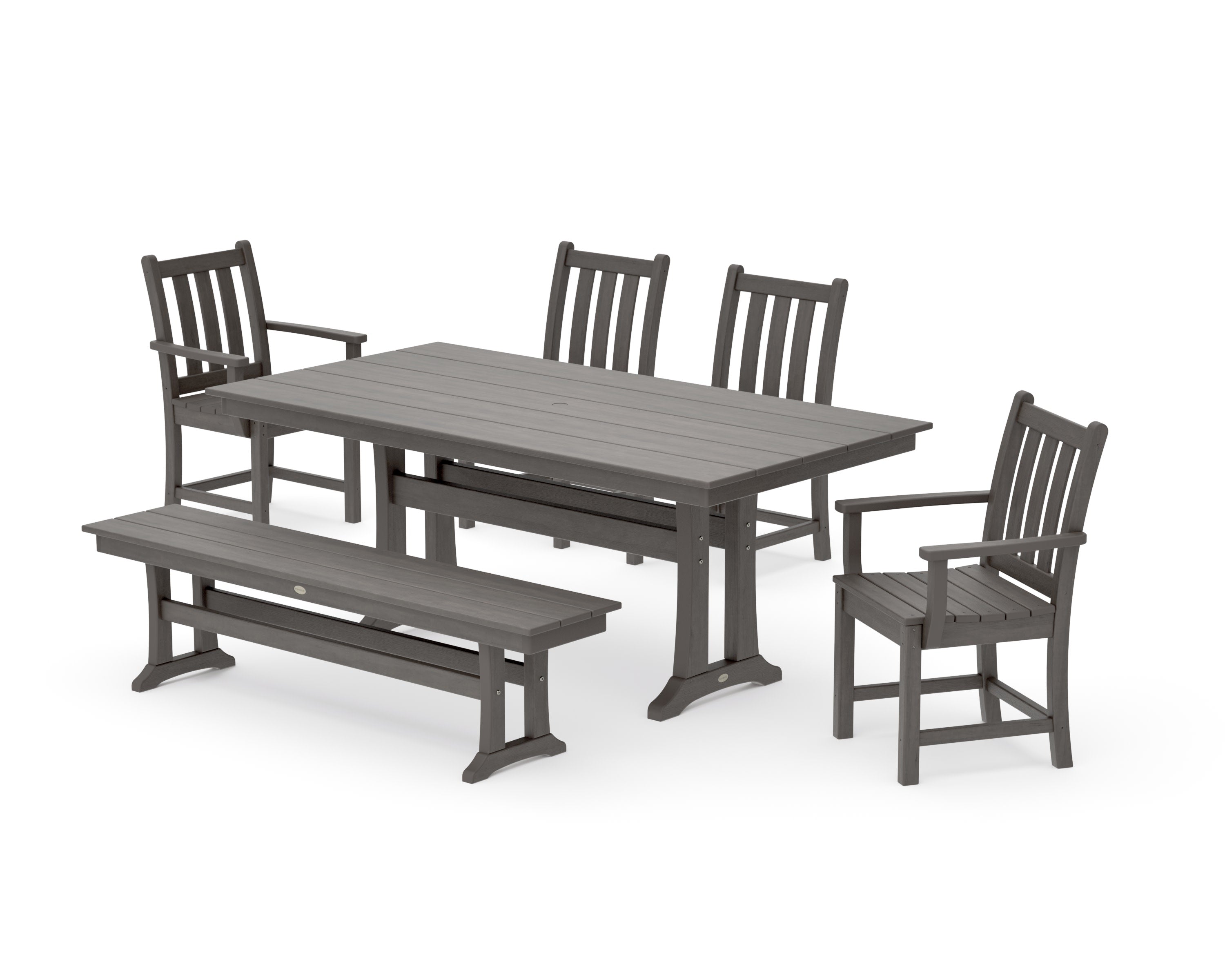 Traditional Garden 6-Piece Farmhouse Dining Set with Trestle Legs and Bench in Driftwood