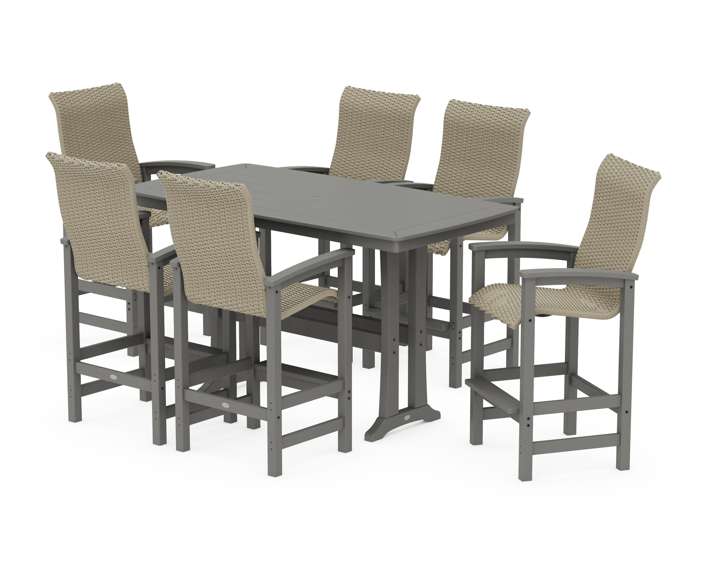 Coastal Woven High-Back Arm Chair 7-Piece Bar Set with Trestle Legs in Slate Grey / Dune Grass