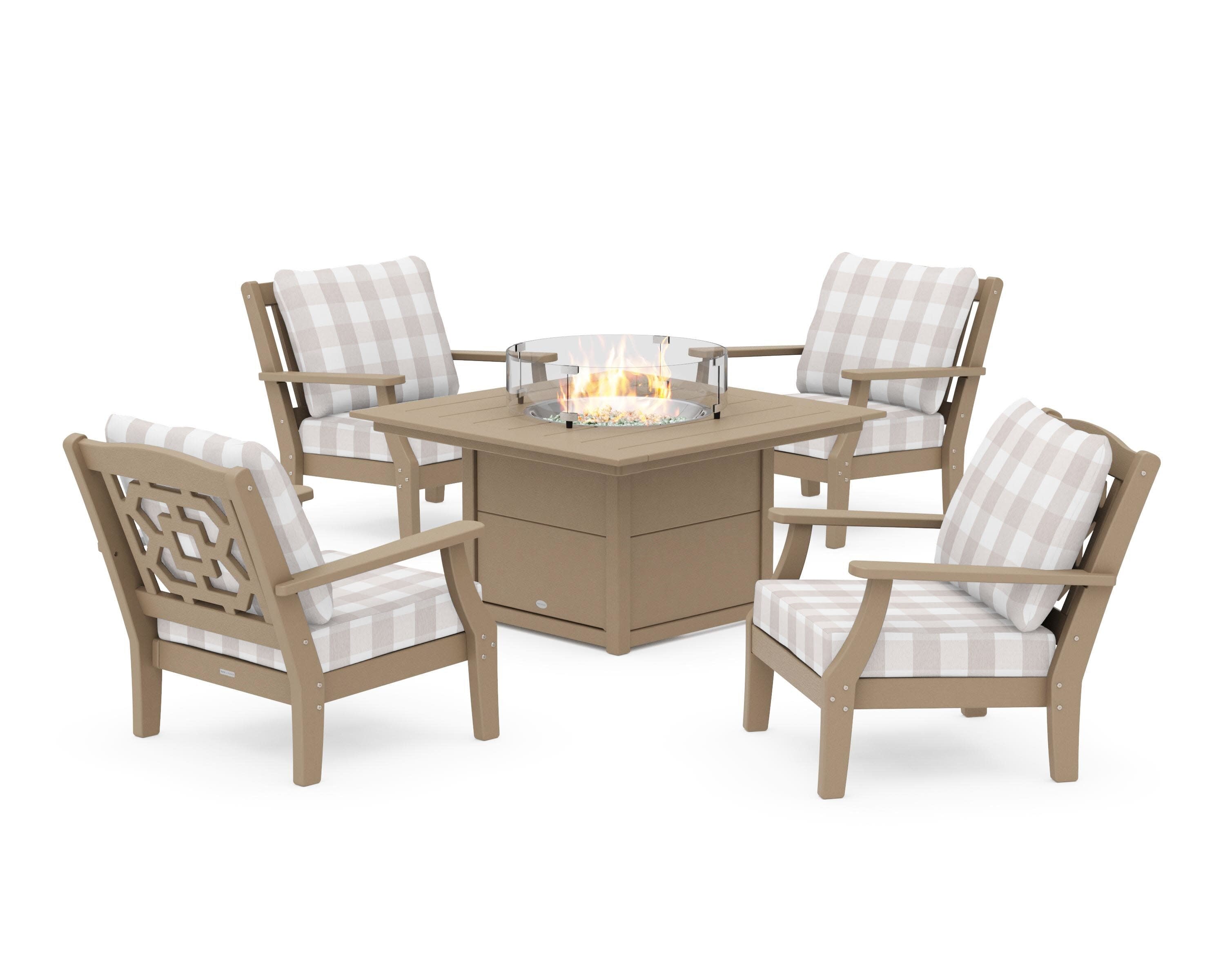 Chinoiserie 5-Piece Deep Seating Set with Fire Pit Table in Vintage Sahara / Buffalo Plaid Dune Burlap