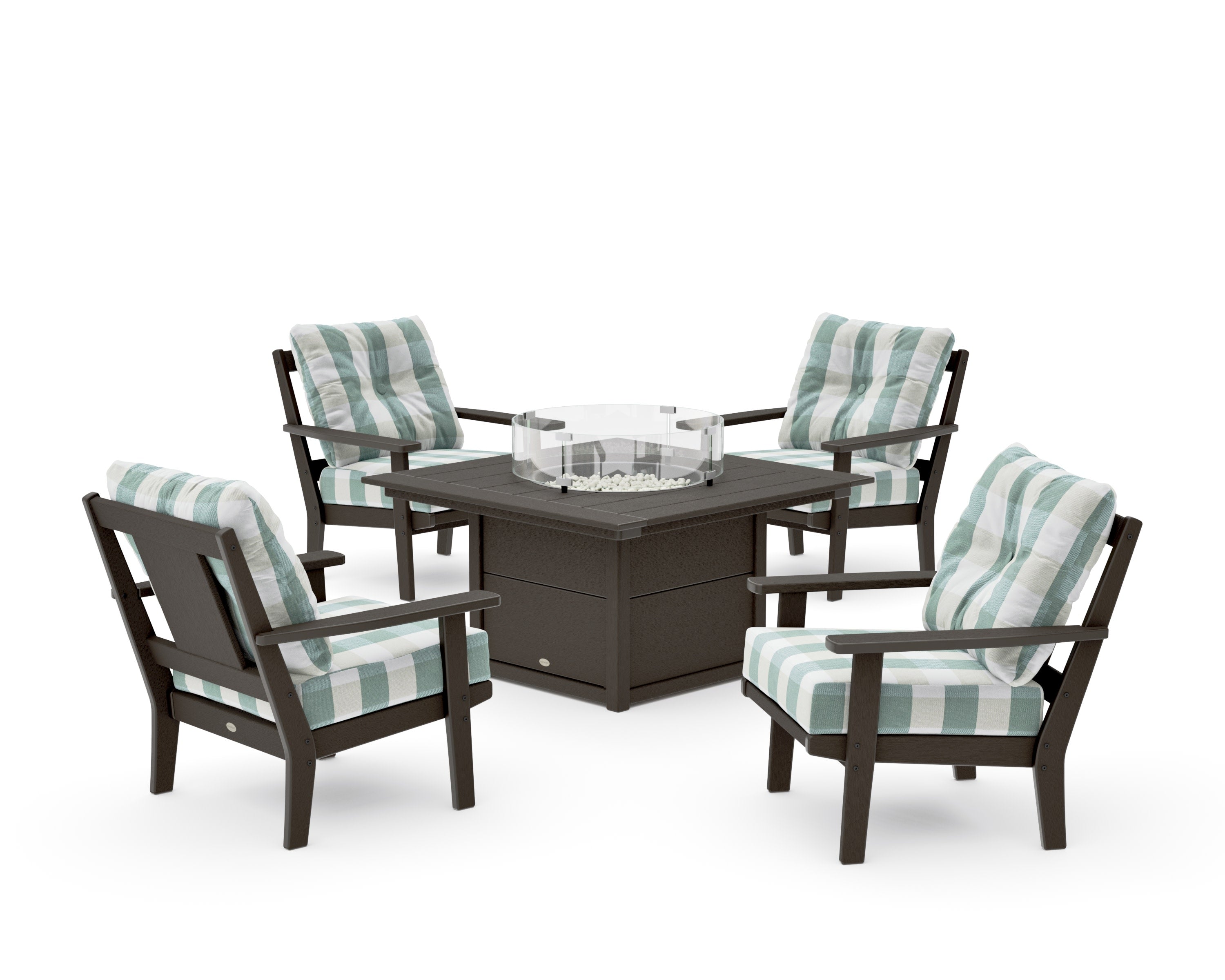 Prairie 5-Piece Deep Seating Set with Fire Pit Table in Vintage Coffee / Buffalo Plaid Glacier Spa