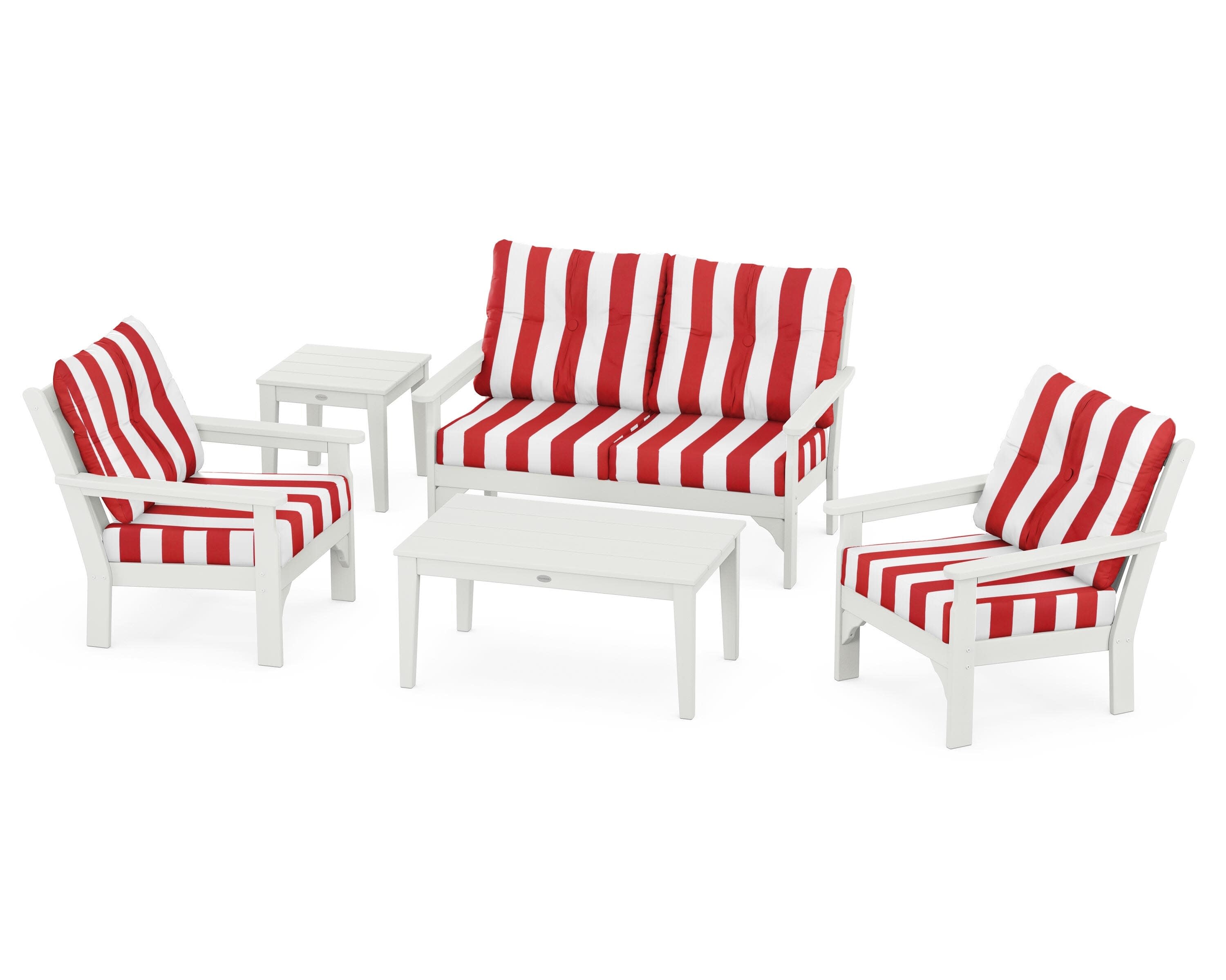 Vineyard 5-Piece Deep Seating Set in Vintage White / Cabana Stripe Crimson