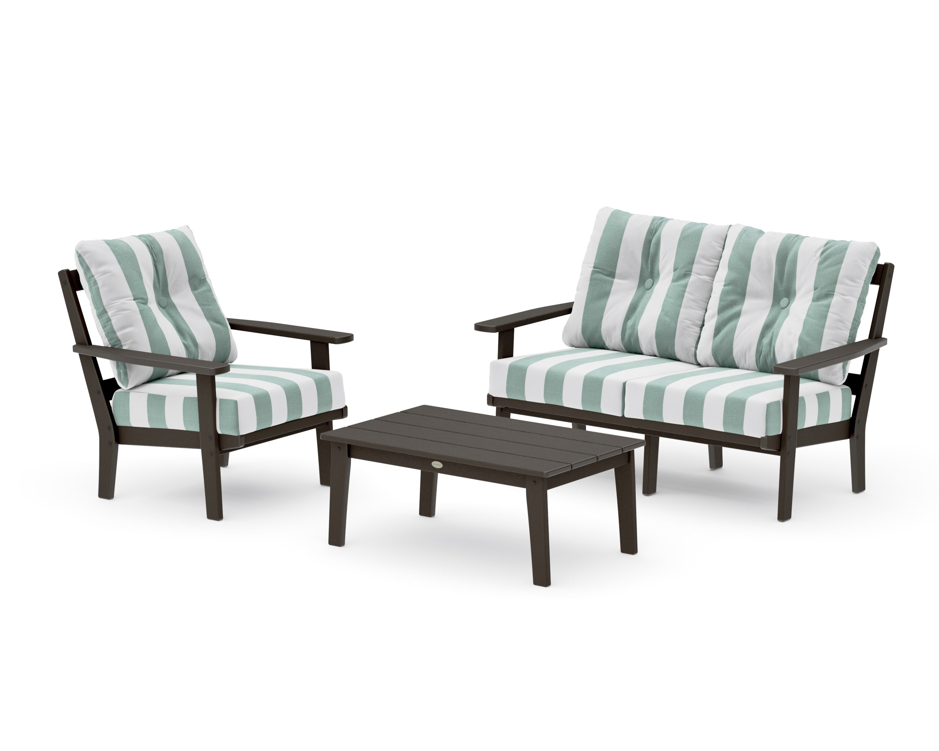 Oxford 3-Piece Deep Seating Set with Loveseat in Vintage Coffee / Cabana Stripe Glacier Spa