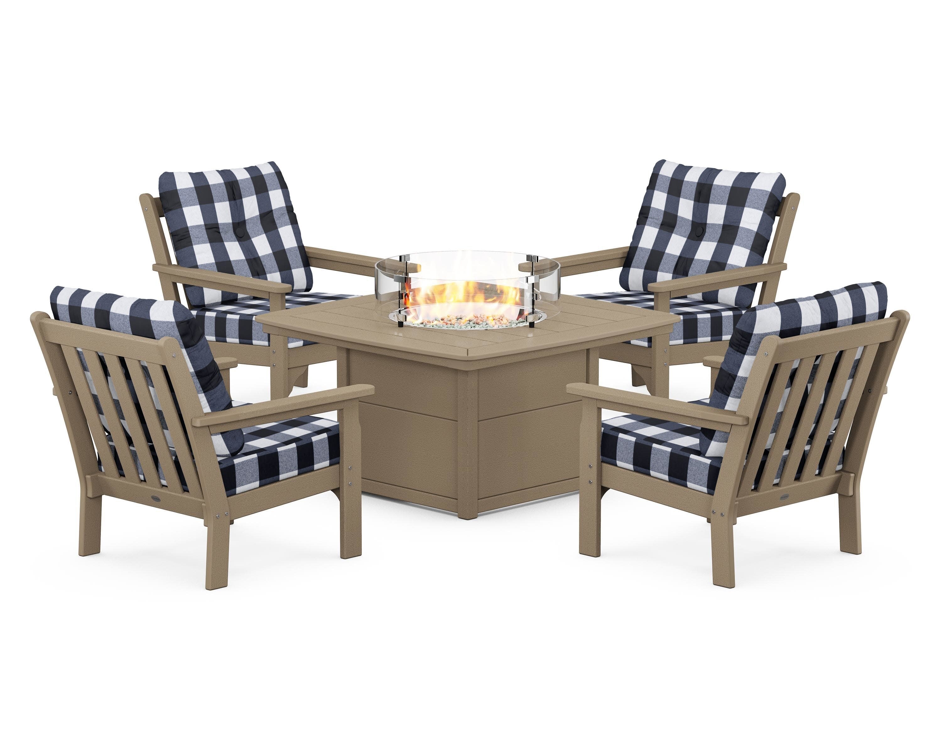 Vineyard 5-Piece Conversation Set with Fire Pit Table in Vintage Sahara / Buffalo Plaid Marine Indigo