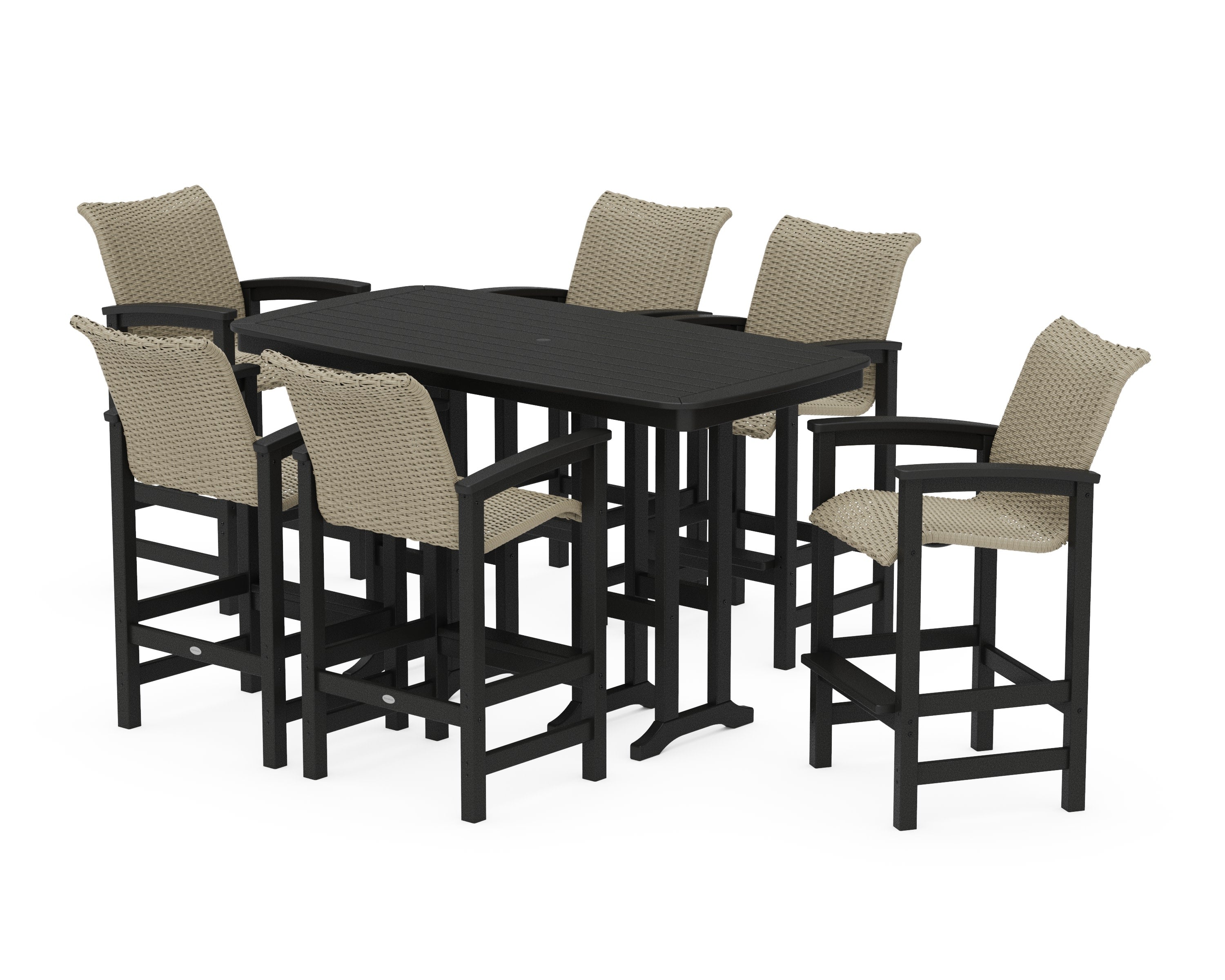 Coastal Woven Arm Chair 7-Piece Bar Set in Black / Dune Grass