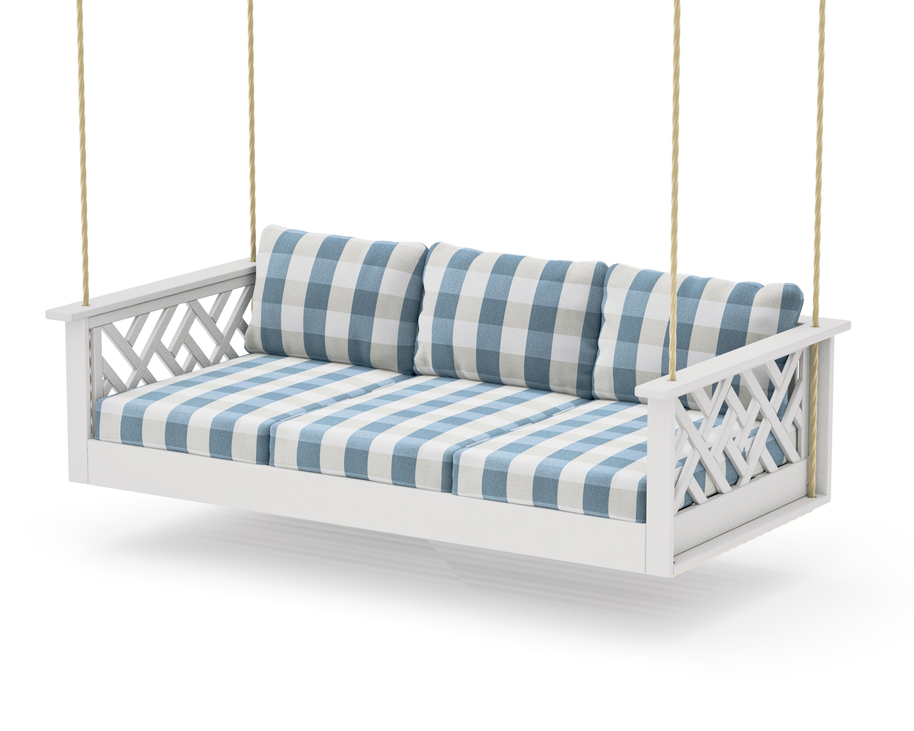 Chippendale Daybed Swing in Vintage White / Buffalo Plaid Sky Blue