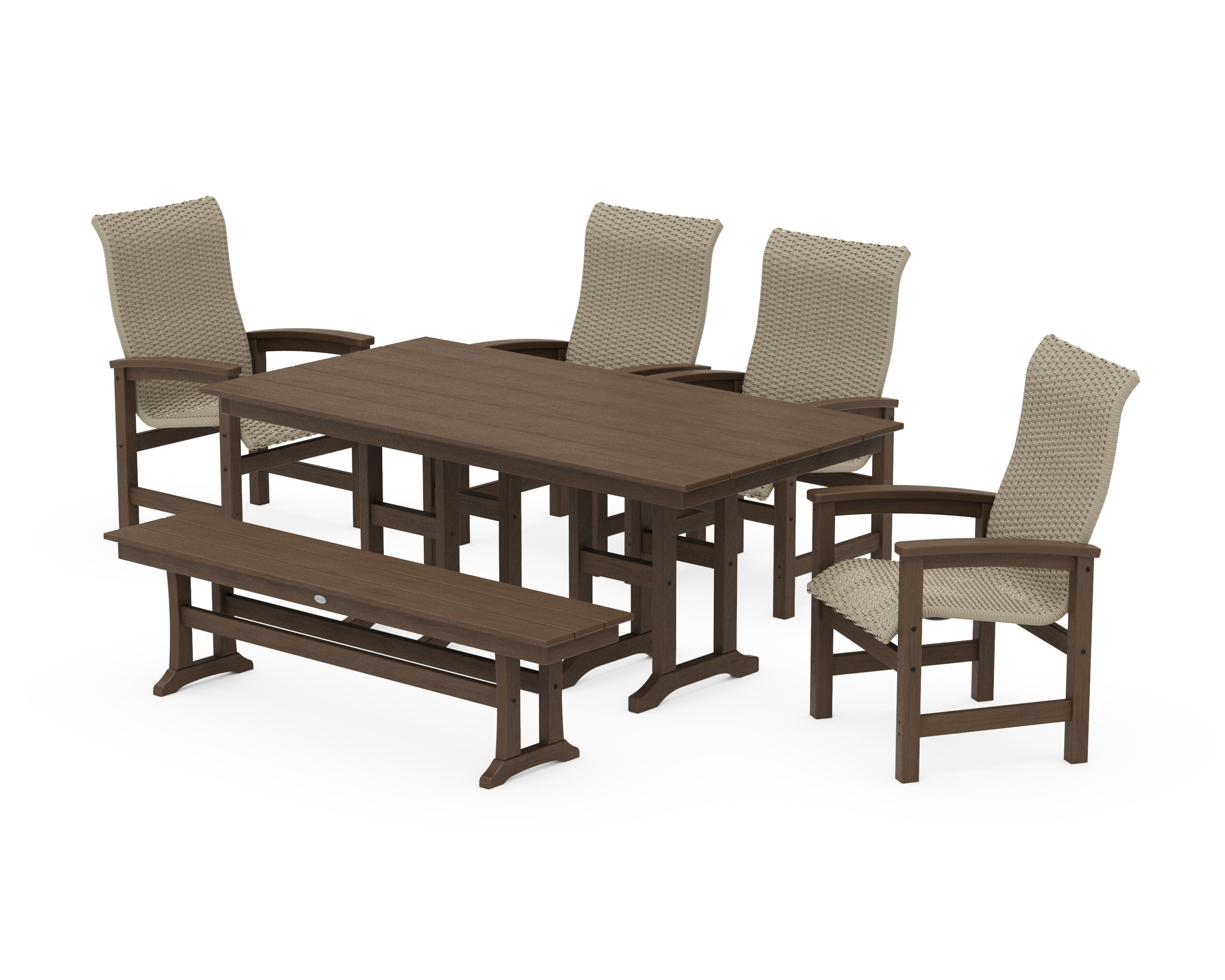 Coastal Woven High-Back 6-Piece Farmhouse Dining Set with Bench in Kona / Dune Grass