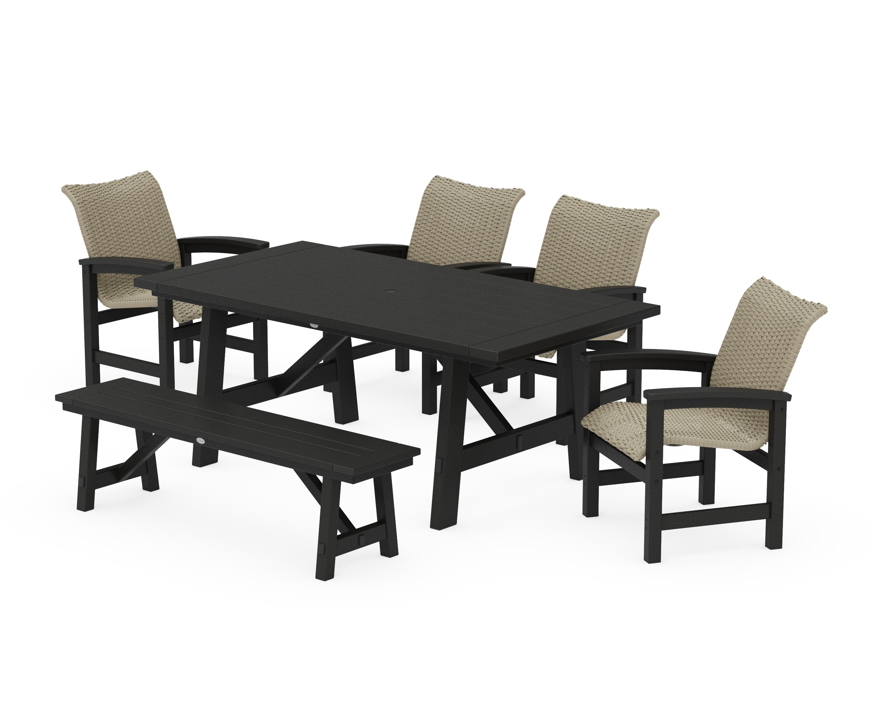 Coastal Woven 6-Piece Rustic Farmhouse Dining Set with Bench in Black / Dune Grass