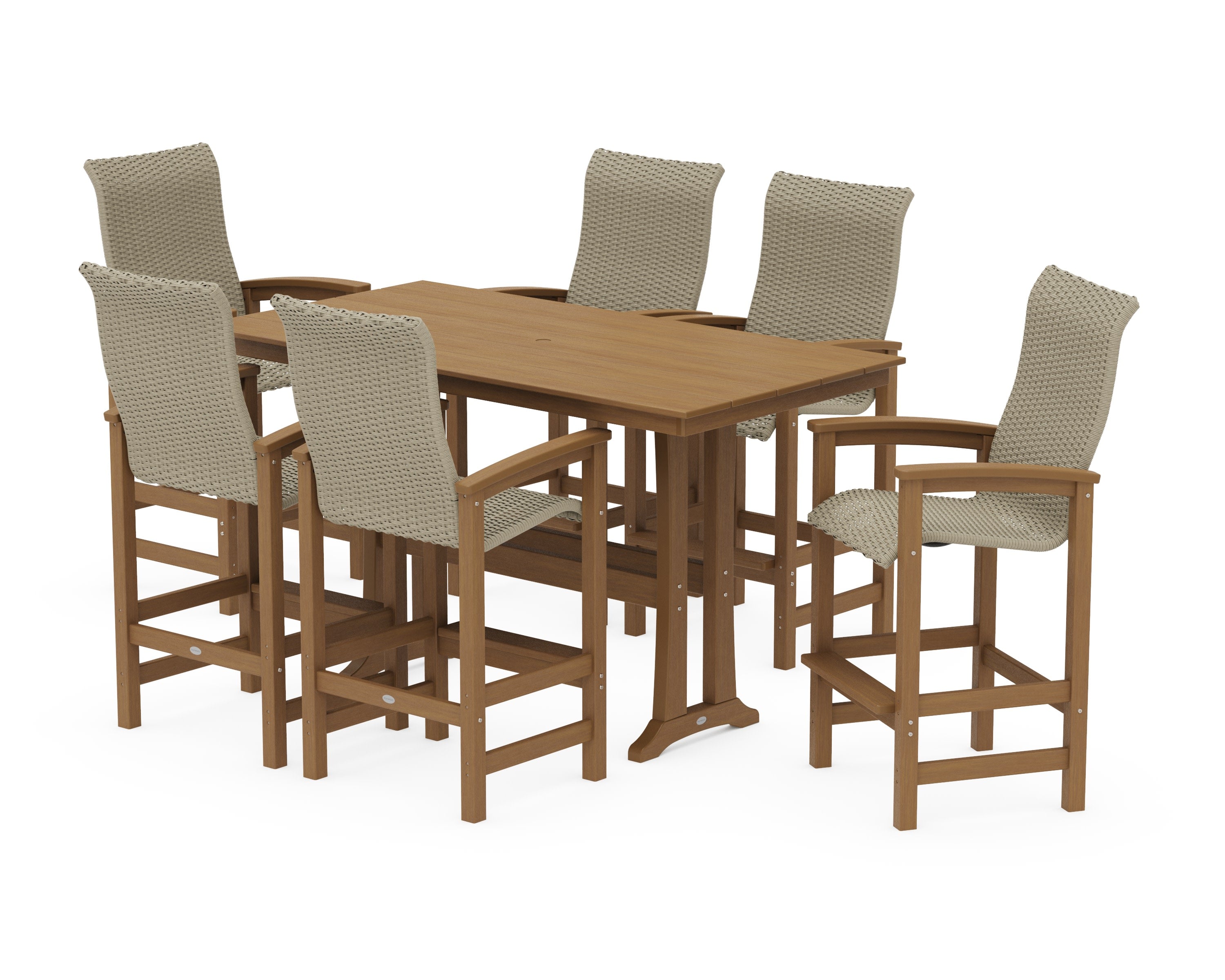 Coastal Woven High-Back Arm Chair 7-Piece Farmhouse Bar Set with Trestle Legs in Natural / Dune Grass
