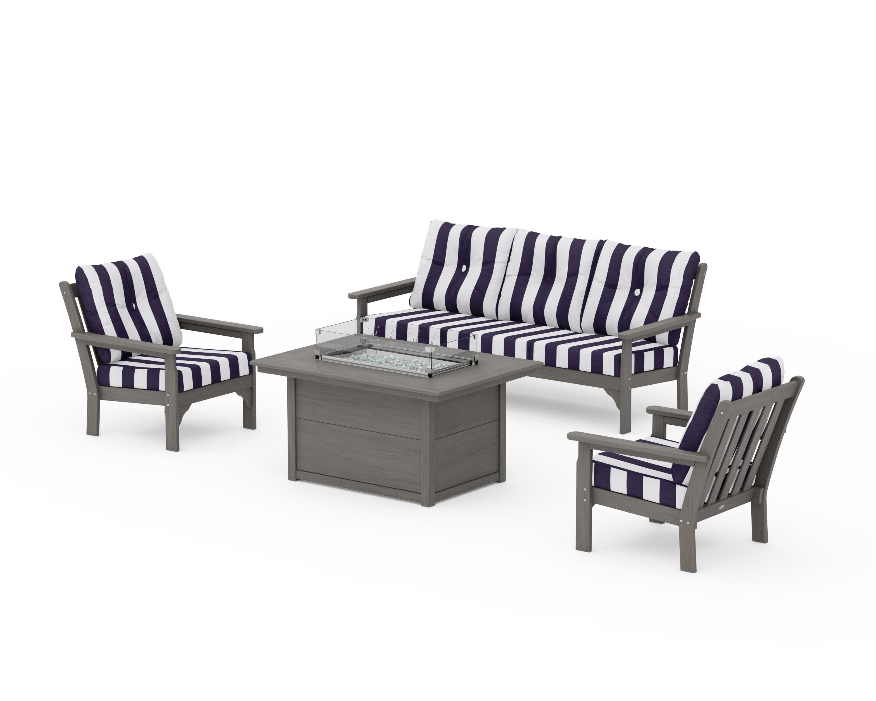 Vineyard Deep Seating Fire Pit Table Set in Driftwood / Cabana Stripe Navy