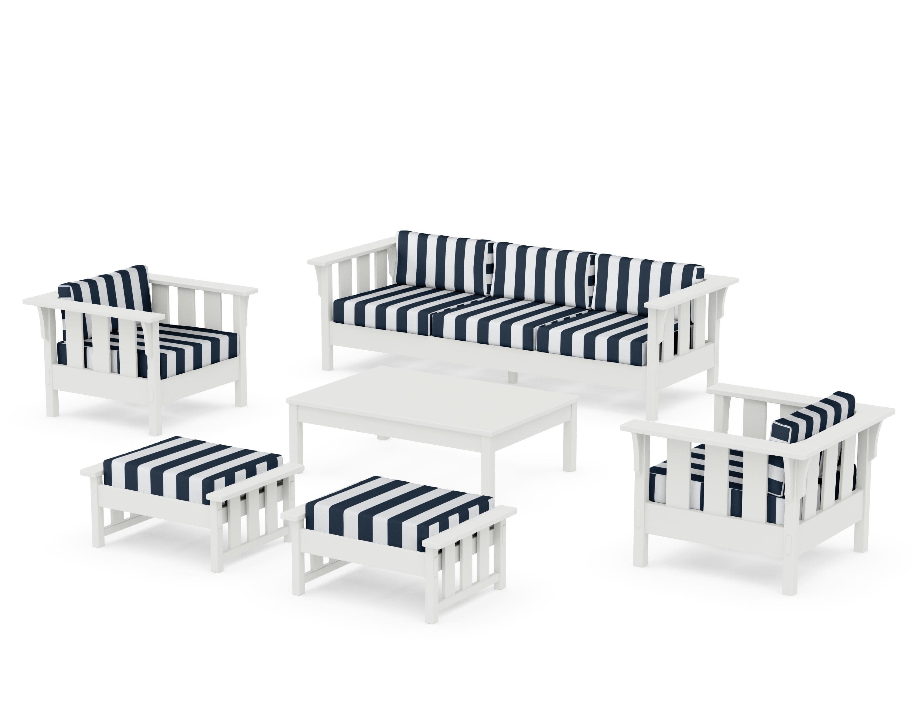 Acadia 6-Piece Lounge Sofa Set in Vintage White / Cabana Stripe Marine Indigo