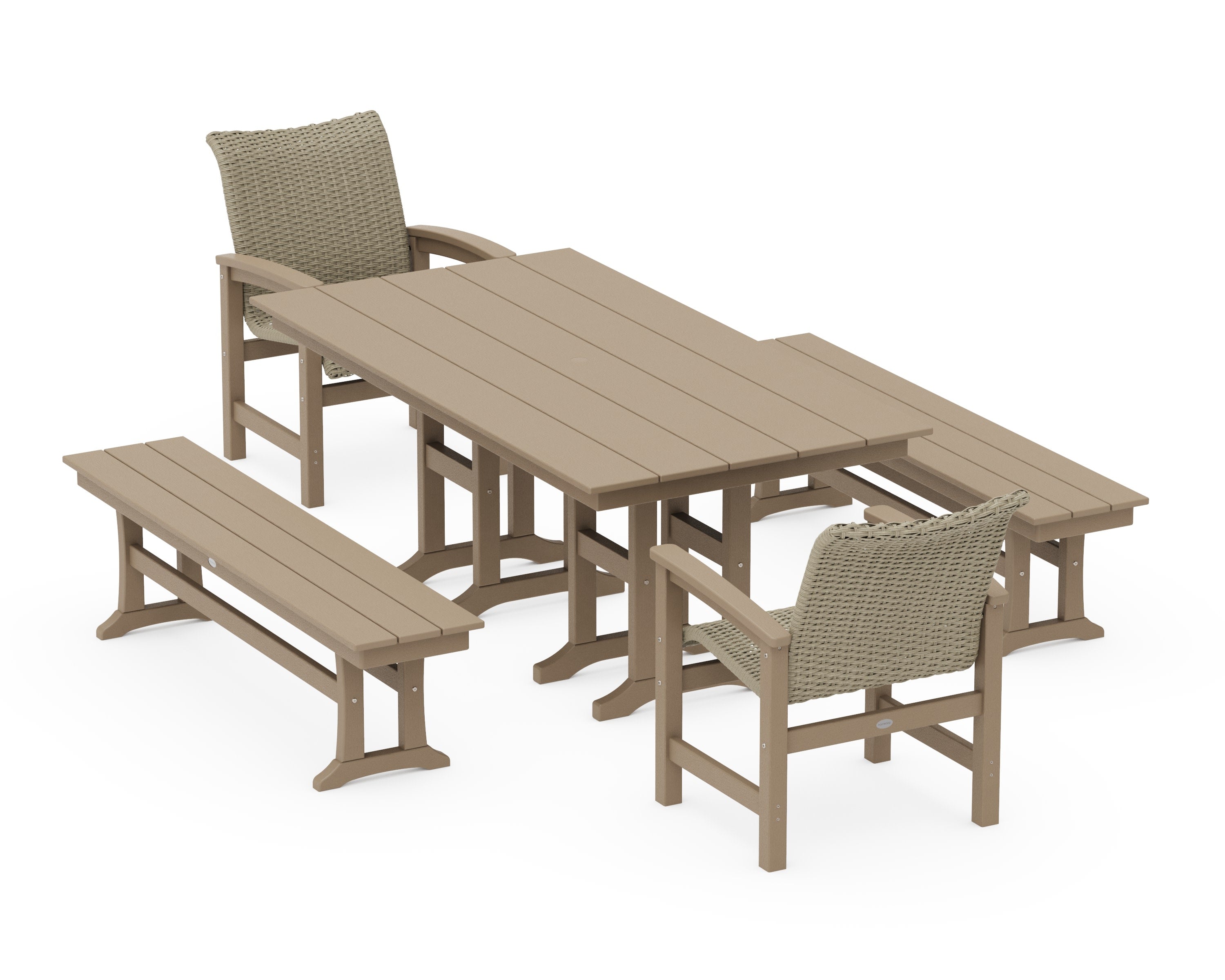 Coastal Woven 5-Piece Farmhouse Dining Set with Benches in Vintage Sahara / Dune Grass