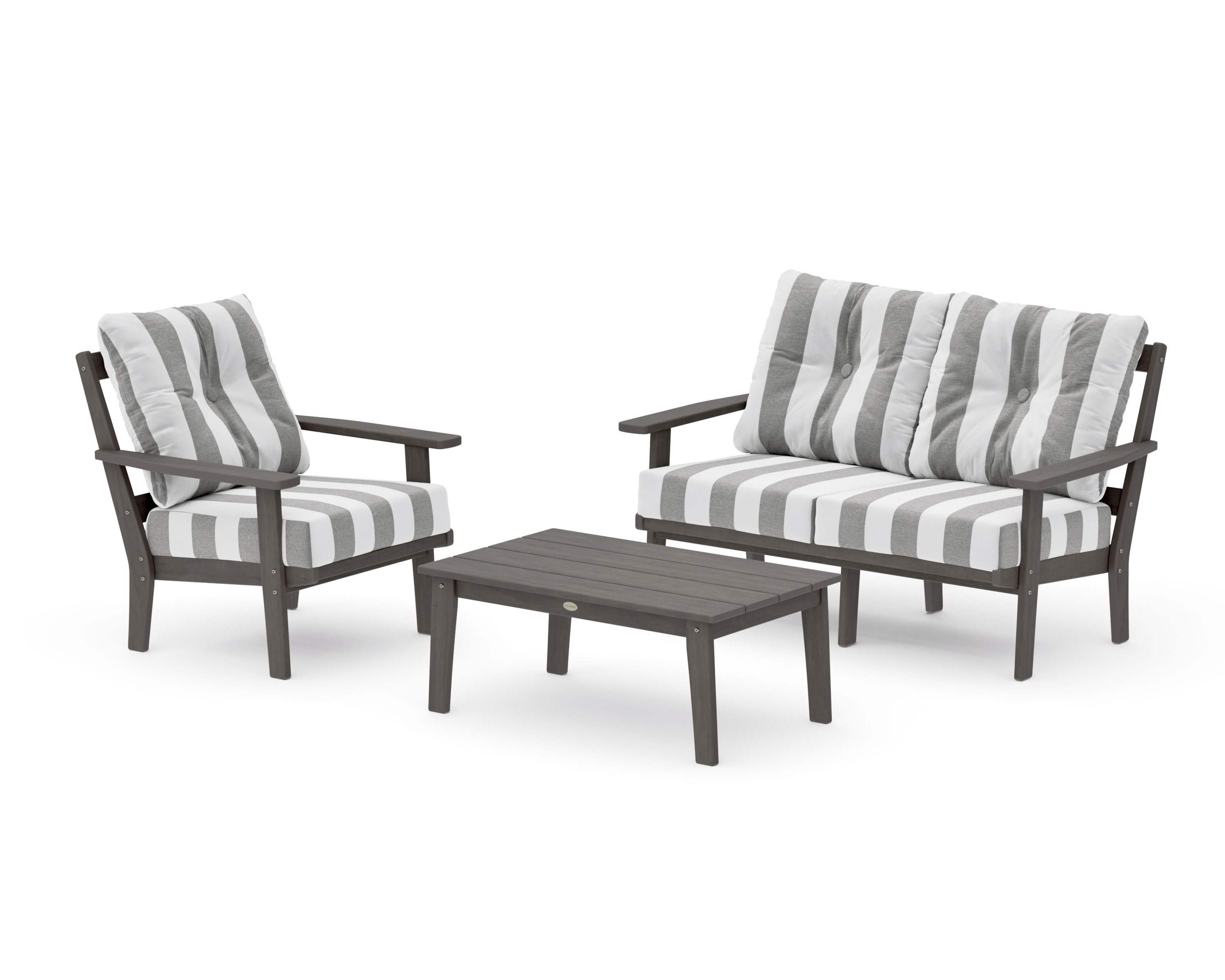 Oxford 3-Piece Deep Seating Set with Loveseat in Driftwood / Cabana Stripe Grey Mist