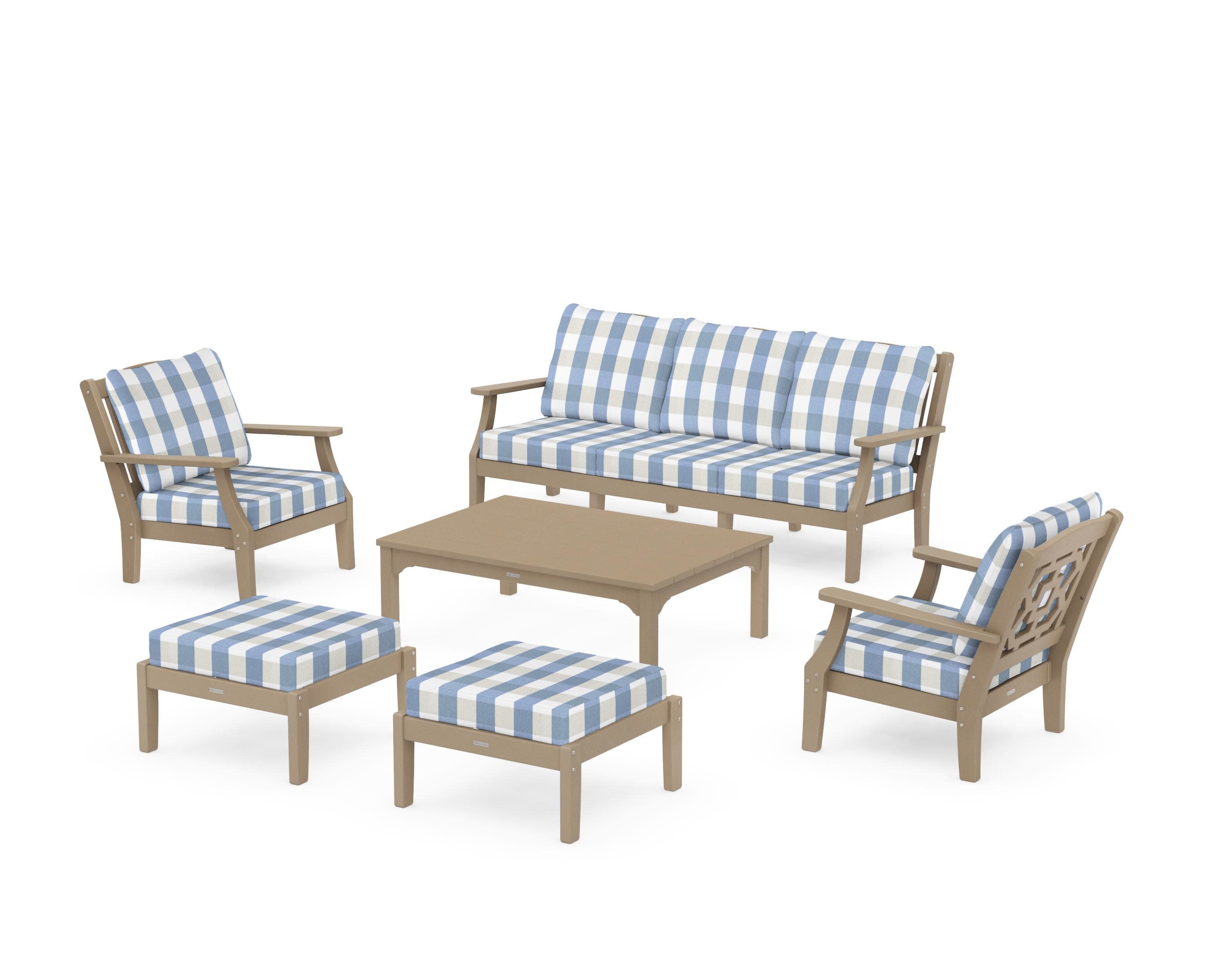 Chinoiserie 6-Piece Lounge Sofa Set in Vintage Sahara / Buffalo Plaid Sky Blue