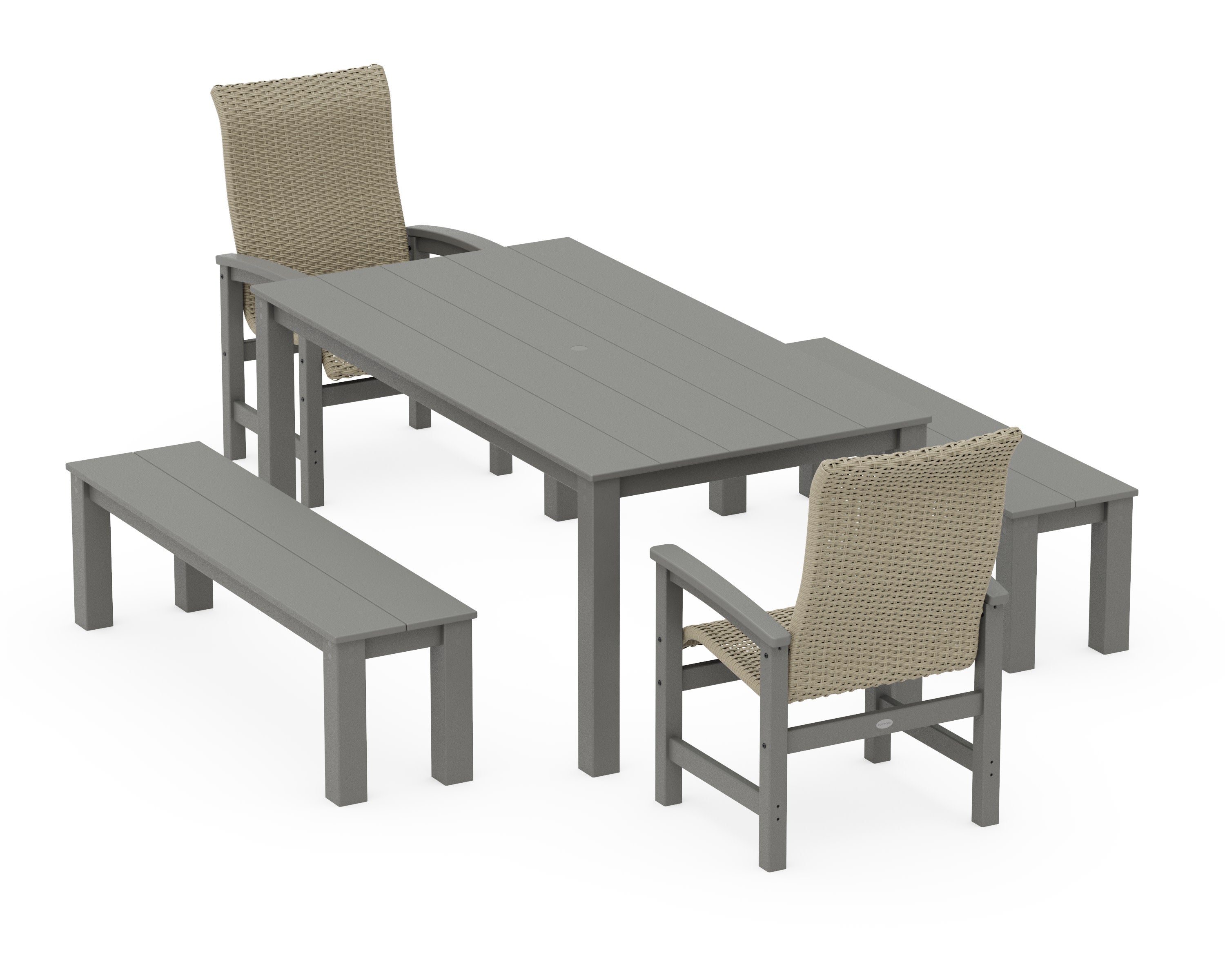 Coastal Woven High-Back 5-Piece Parsons Dining Set with Benches in Slate Grey / Dune Grass
