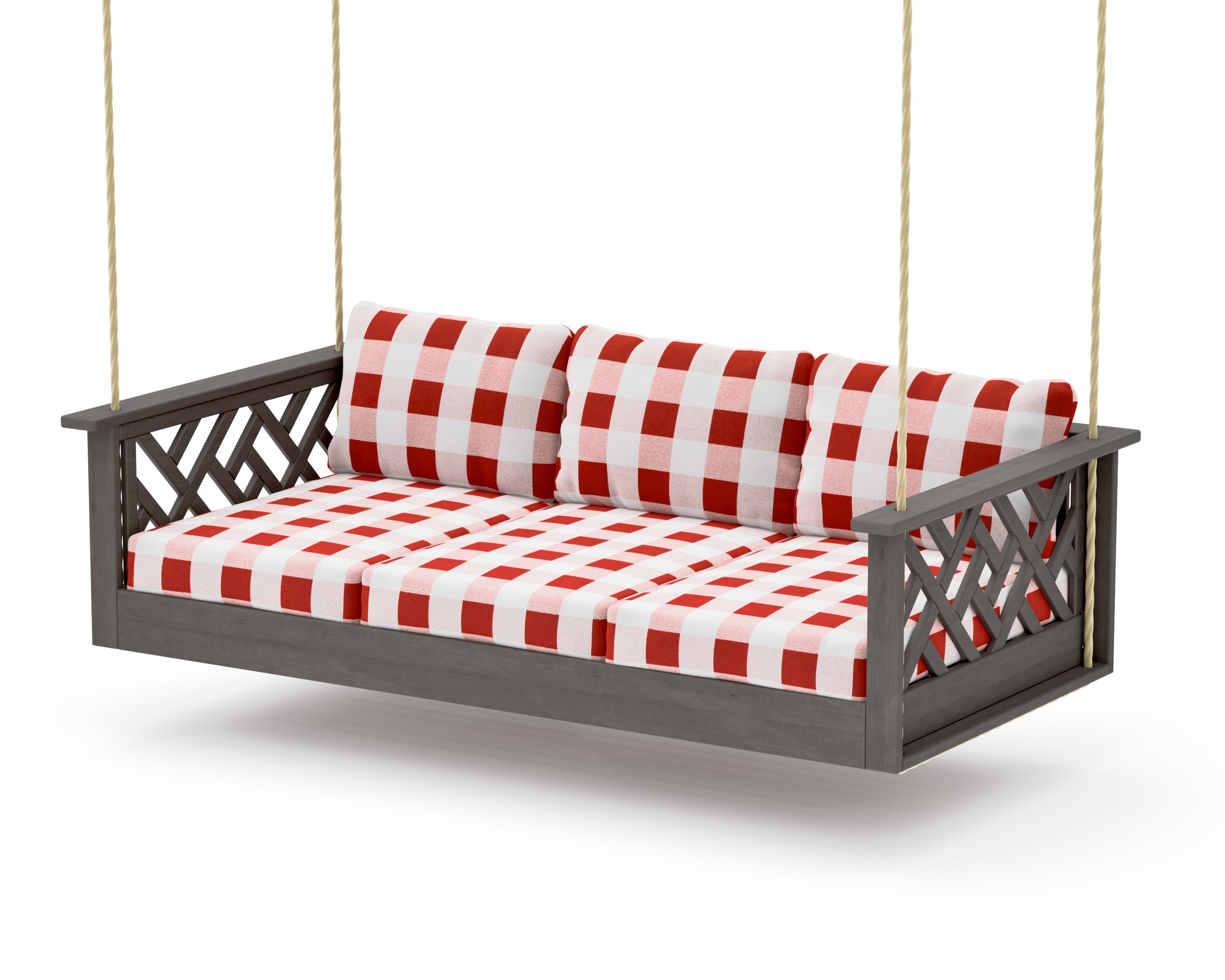 Chippendale Daybed Swing in Driftwood / Buffalo Plaid Crimson