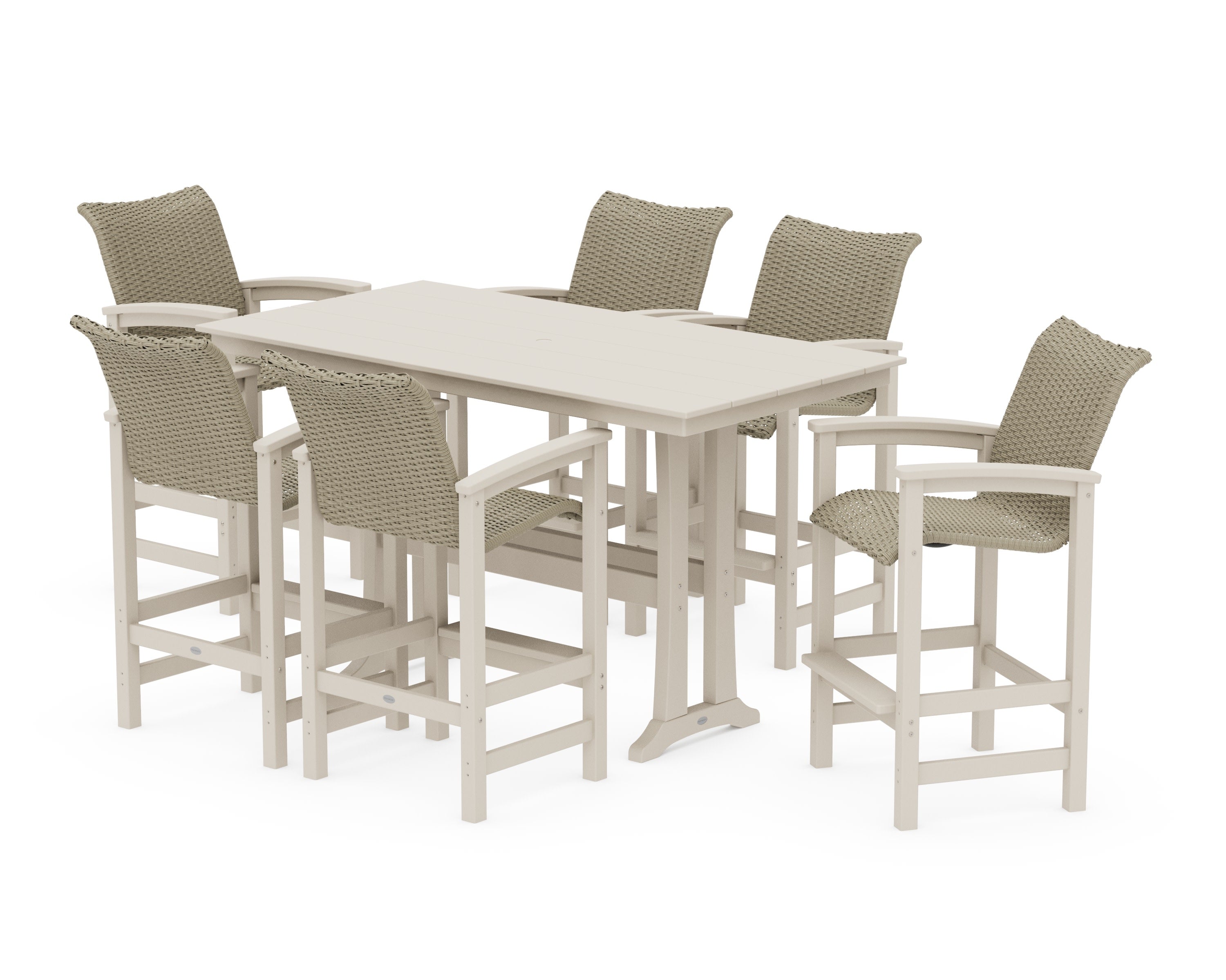Coastal Woven Arm Chair 7-Piece Farmhouse Bar Set with Trestle Legs in Sand / Dune Grass