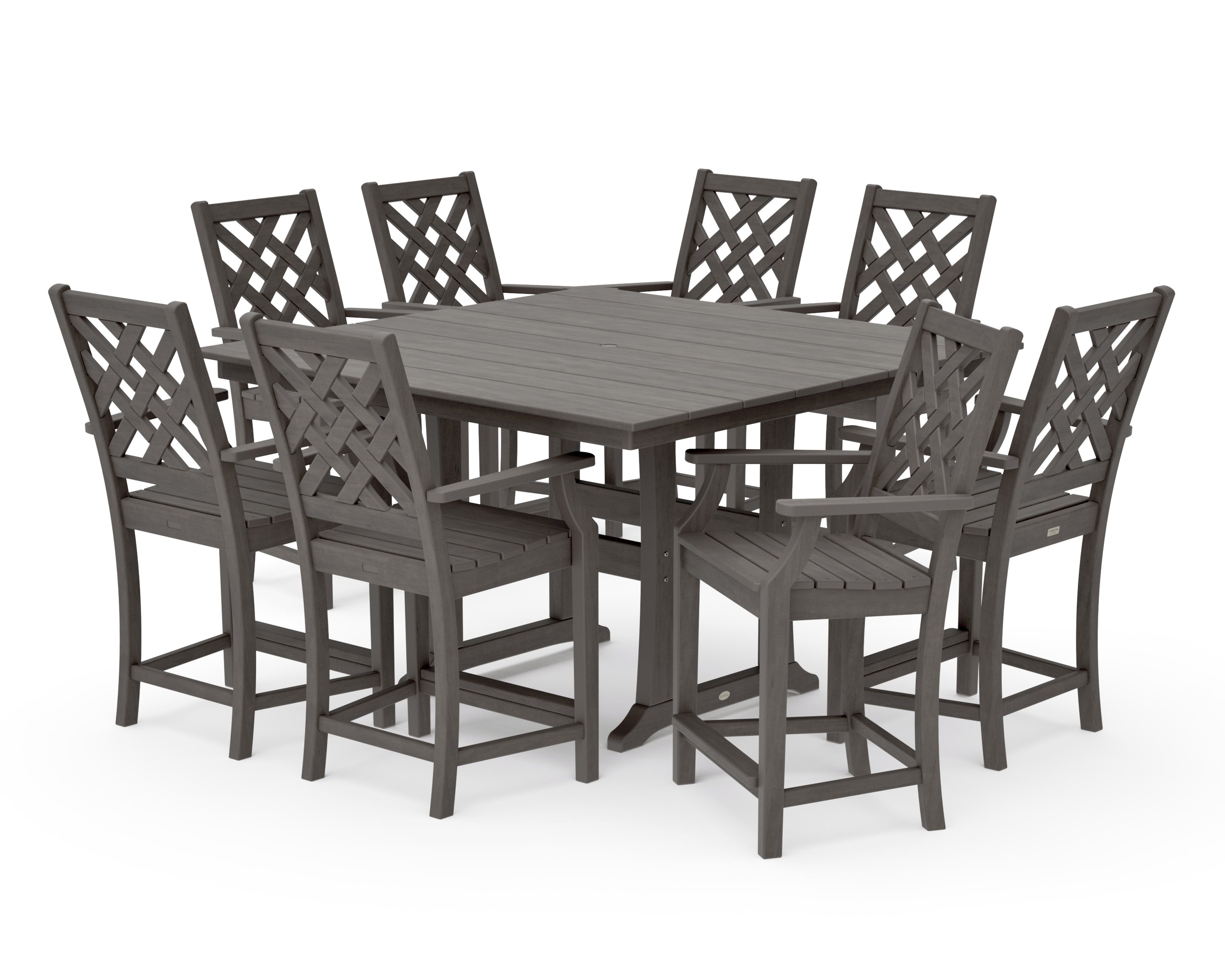 Wovendale 9-Piece Square Farmhouse Counter Set with Trestle Legs in Driftwood