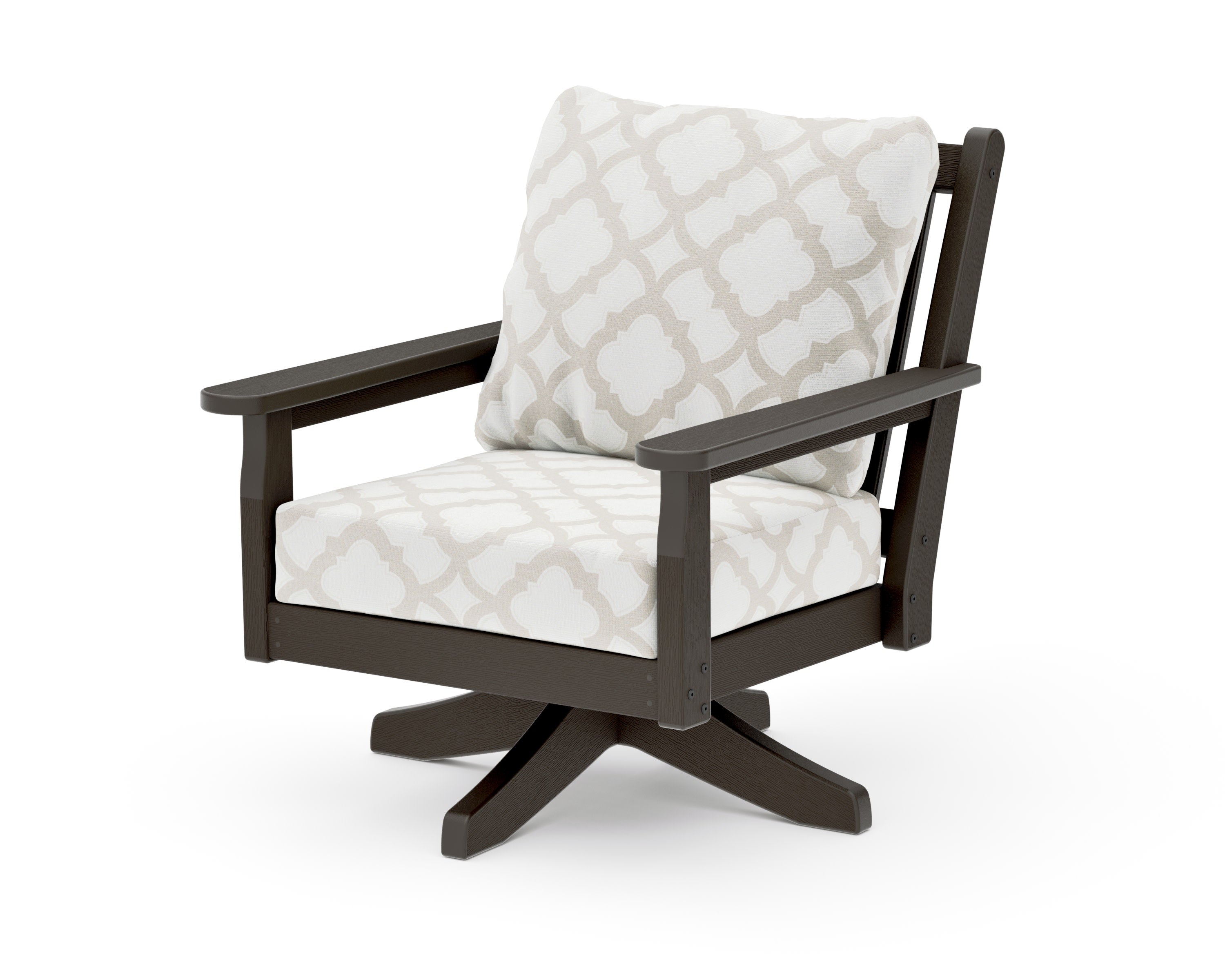 Chippendale Deep Seating Swivel Chair in Vintage Coffee / Trellis Dune Burlap