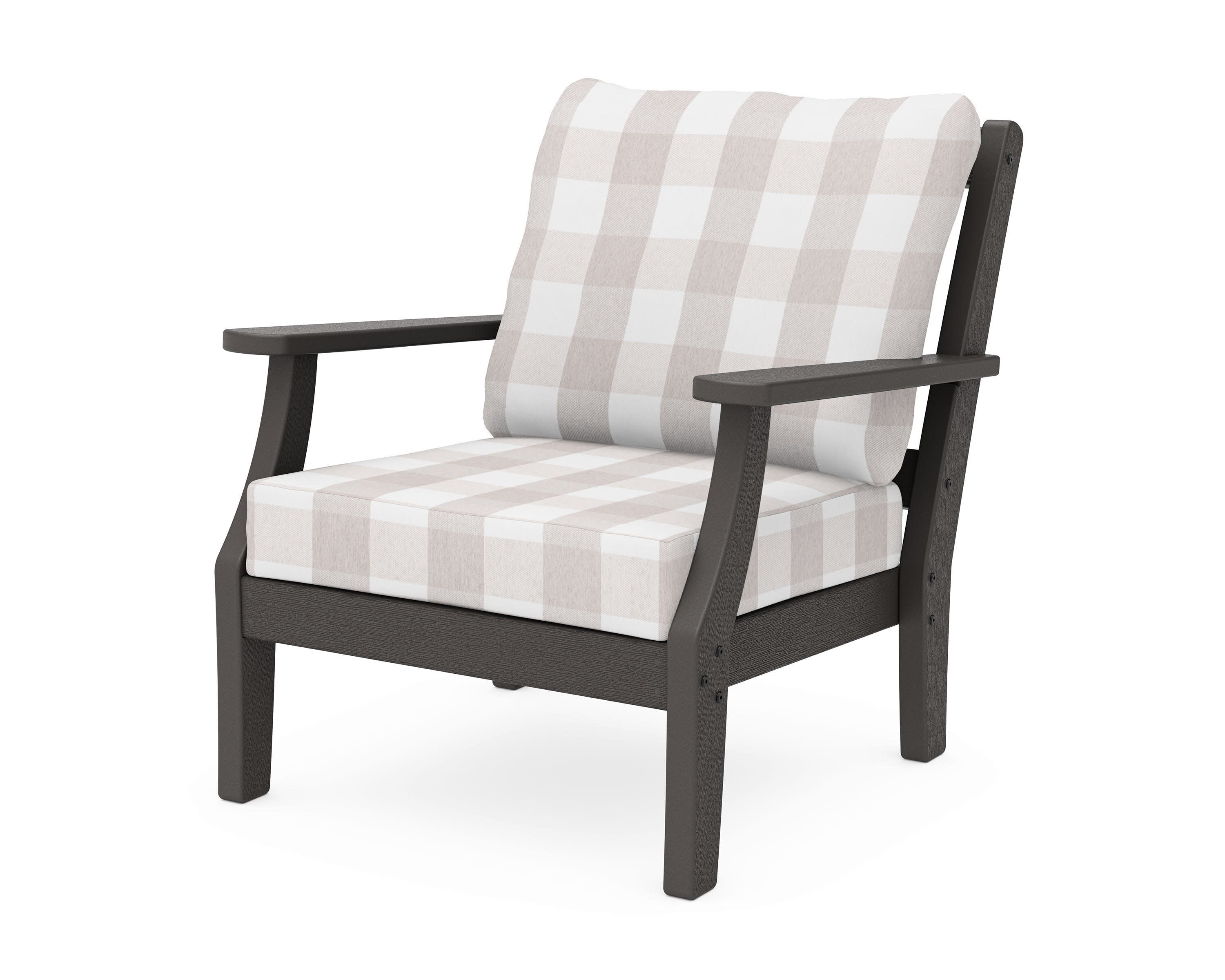 Chinoiserie Deep Seating Chair in Vintage Coffee / Buffalo Plaid Dune Burlap