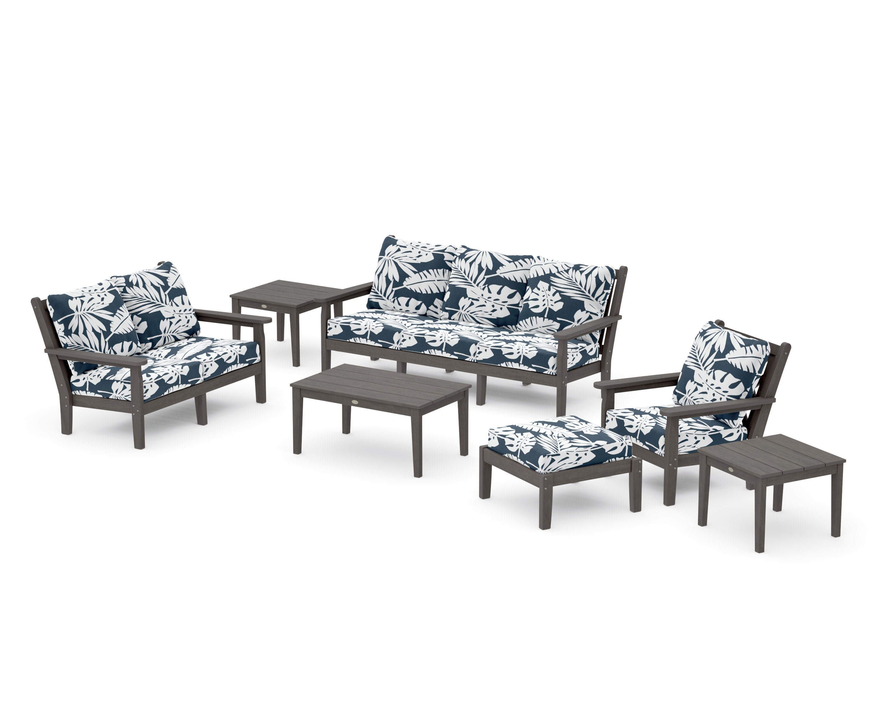 Chippendale 7-Piece Deep Seating Set in Driftwood / Leaf Marine Indigo