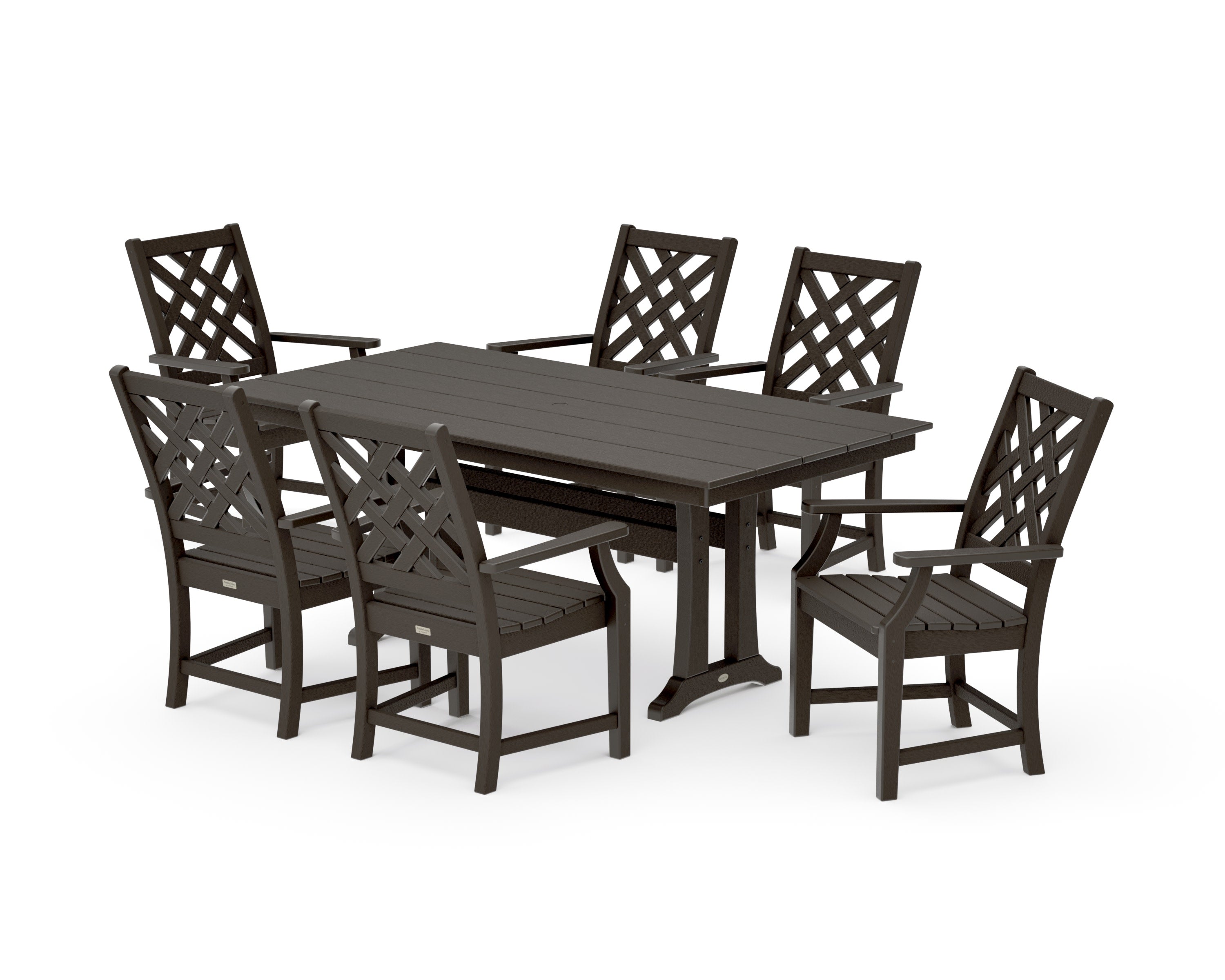 Wovendale Arm Chair 7-Piece Farmhouse Dining Set with Trestle Legs in Vintage Coffee