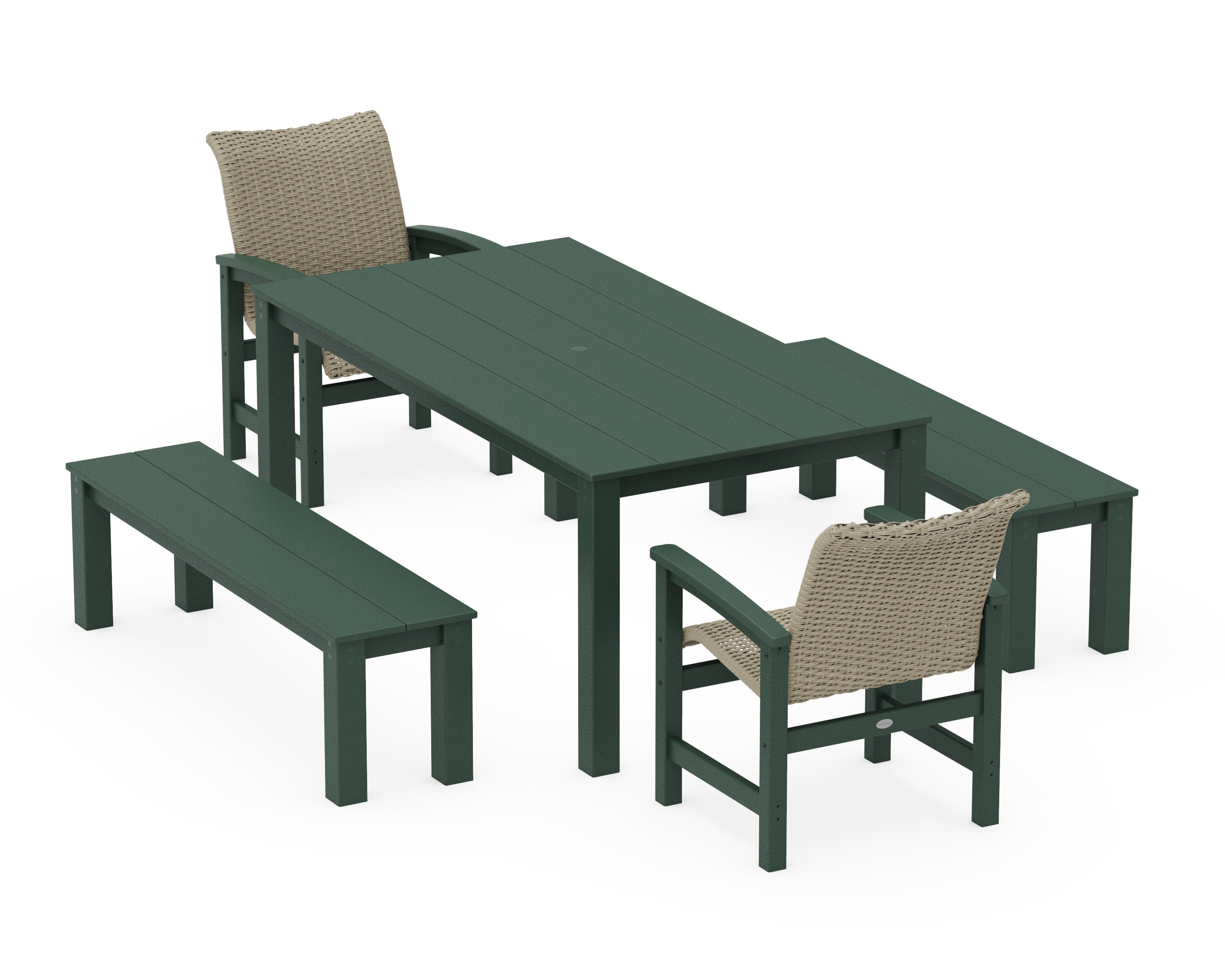 Coastal Woven 5-Piece Parsons Dining Set with Benches in Green / Dune Grass