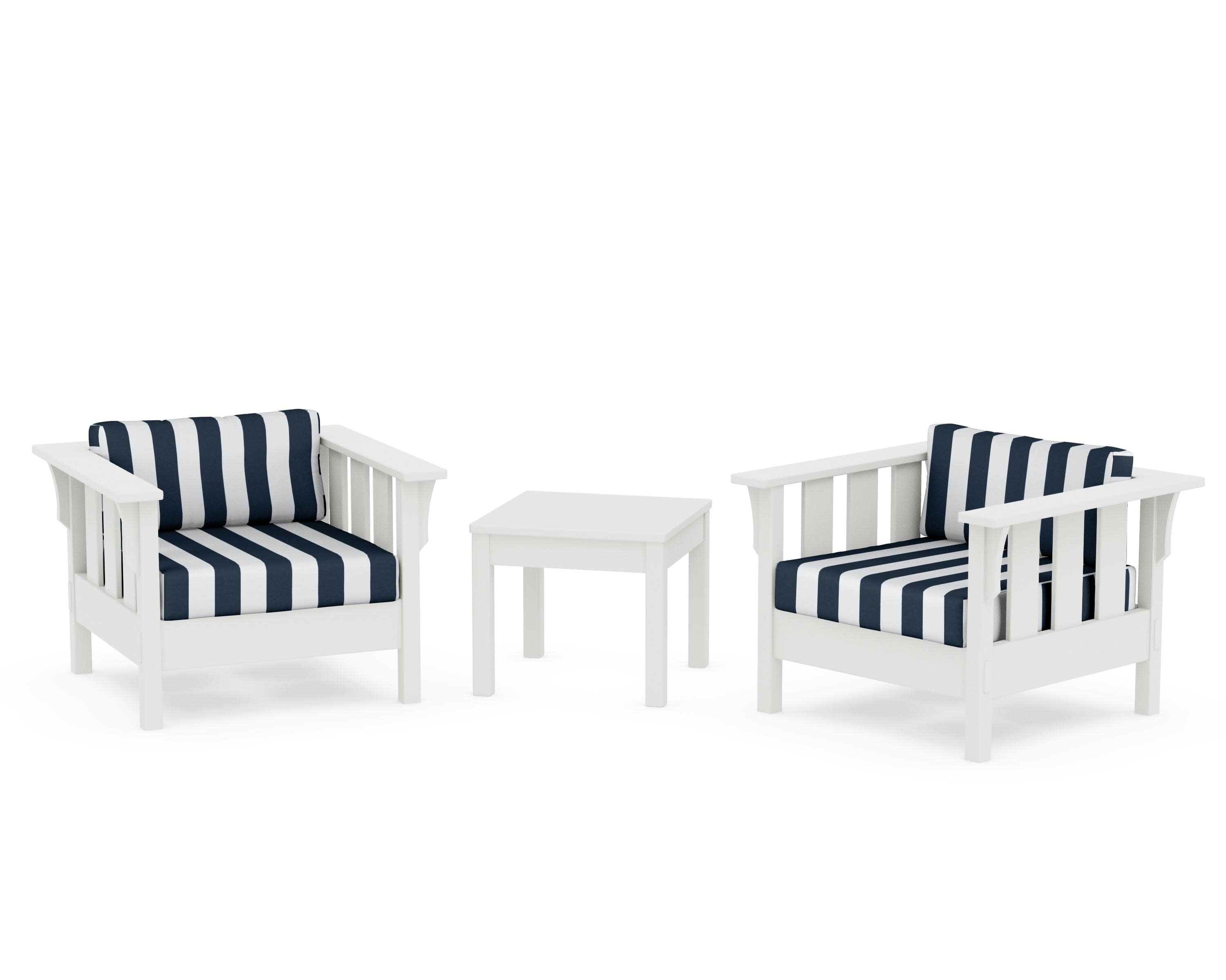Acadia 3-Piece Deep Seating Set in Vintage White / Cabana Stripe Marine Indigo