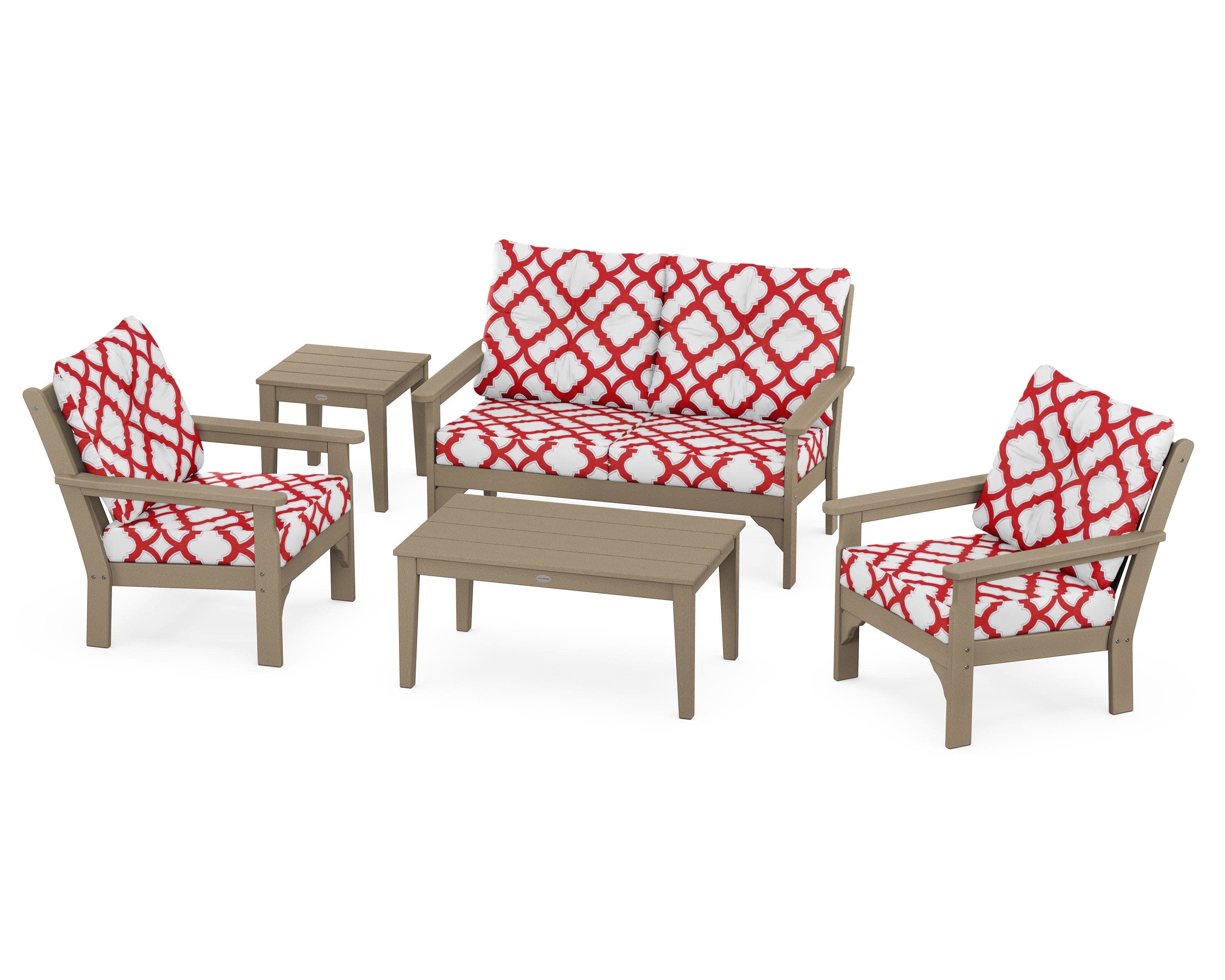 Vineyard 5-Piece Deep Seating Set in Vintage Sahara / Trellis Crimson