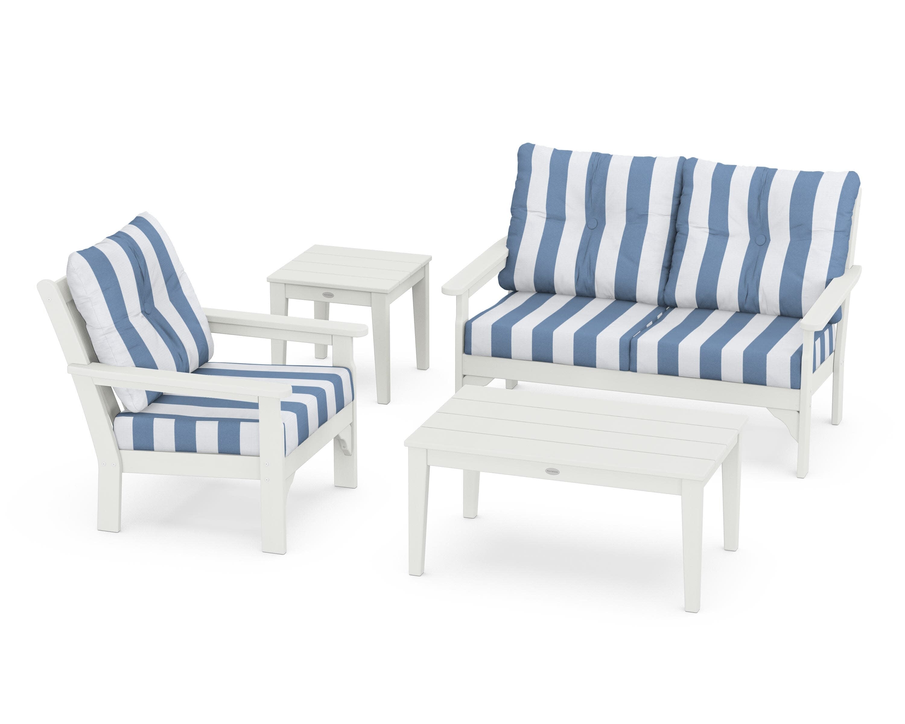 Vineyard 4-Piece Deep Seating Set in Vintage White / Cabana Stripe Sky Blue