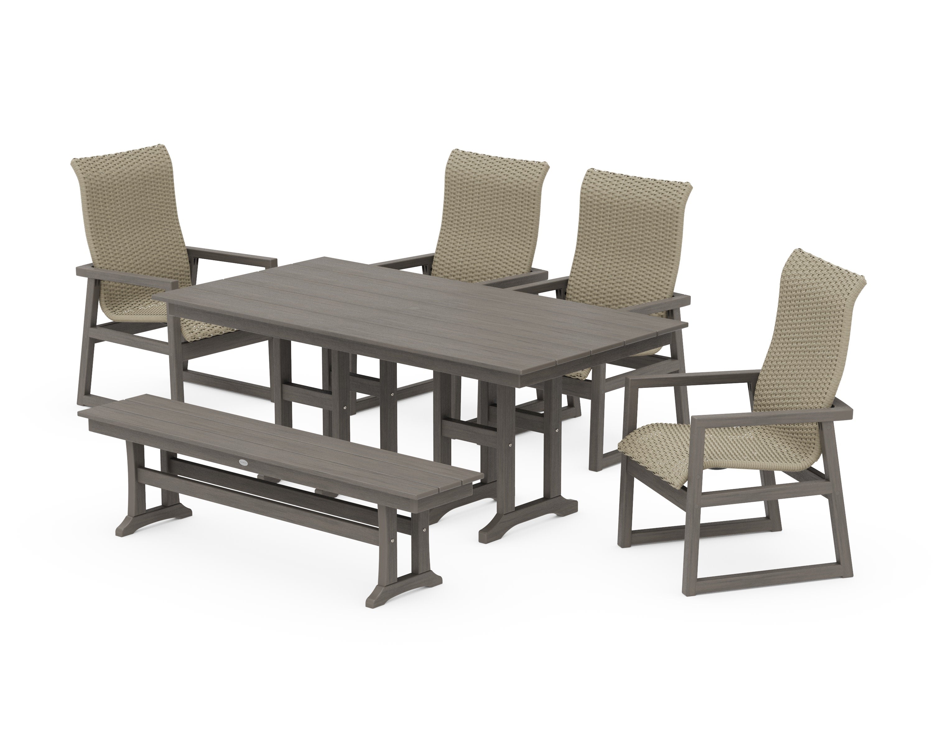 EDGE Woven Highback 6-Piece Farmhouse Dining Set with Bench in Driftwood / Dune Grass