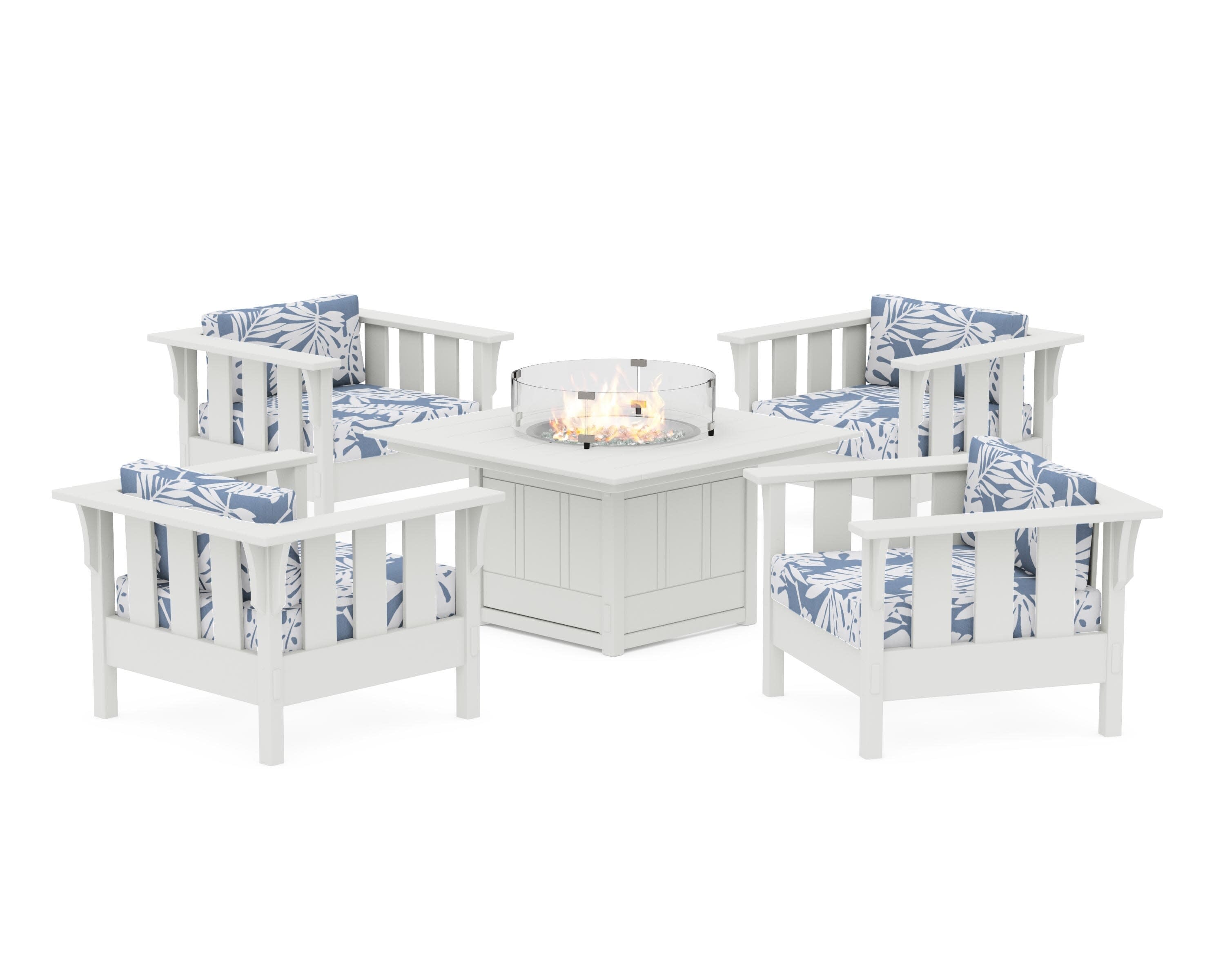 Acadia 5-Piece Deep Seating Set with Fire Pit Table in Vintage White / Leaf Sky Blue