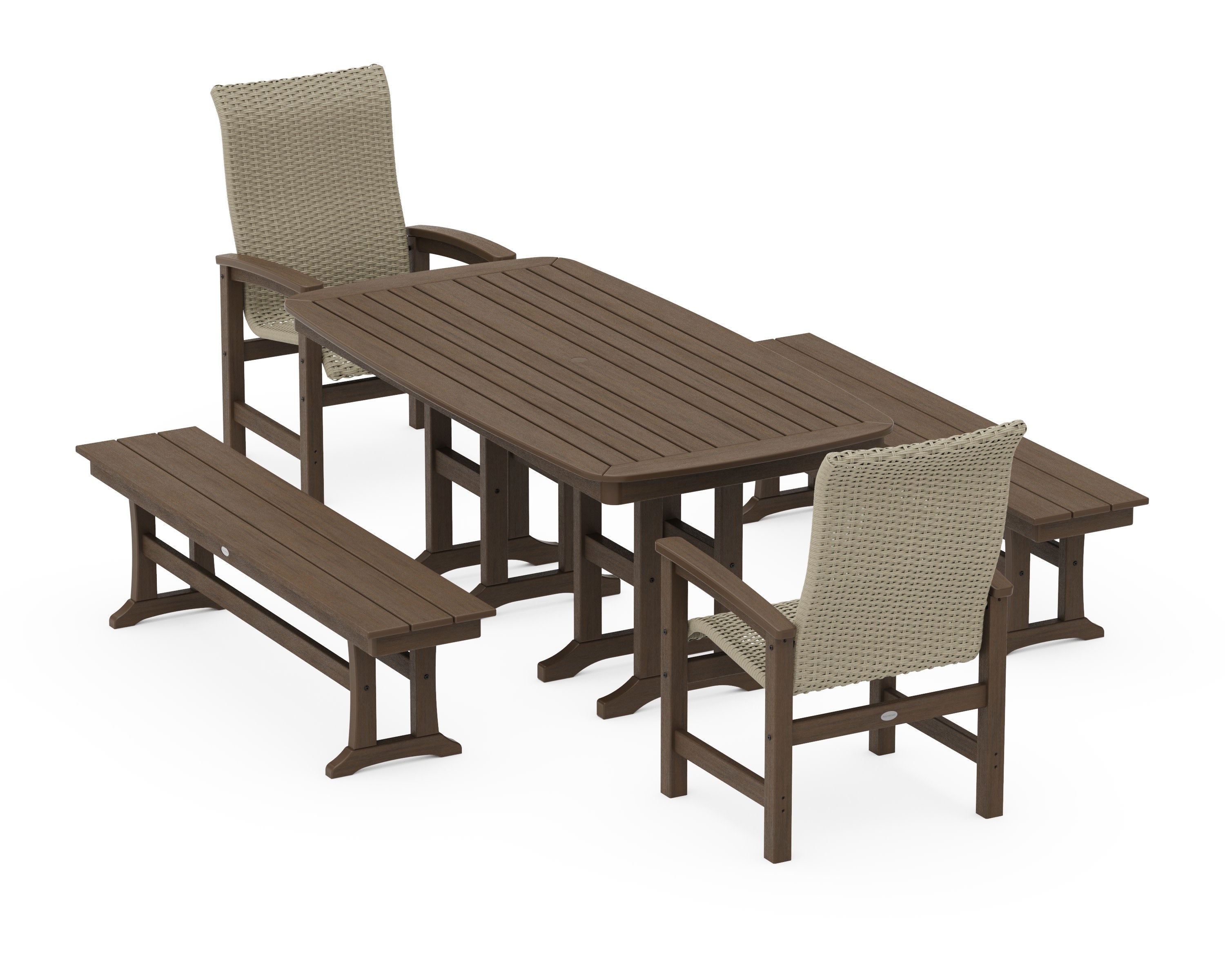 Coastal Woven High-Back 5-Piece Dining Set with Benches in Kona / Dune Grass