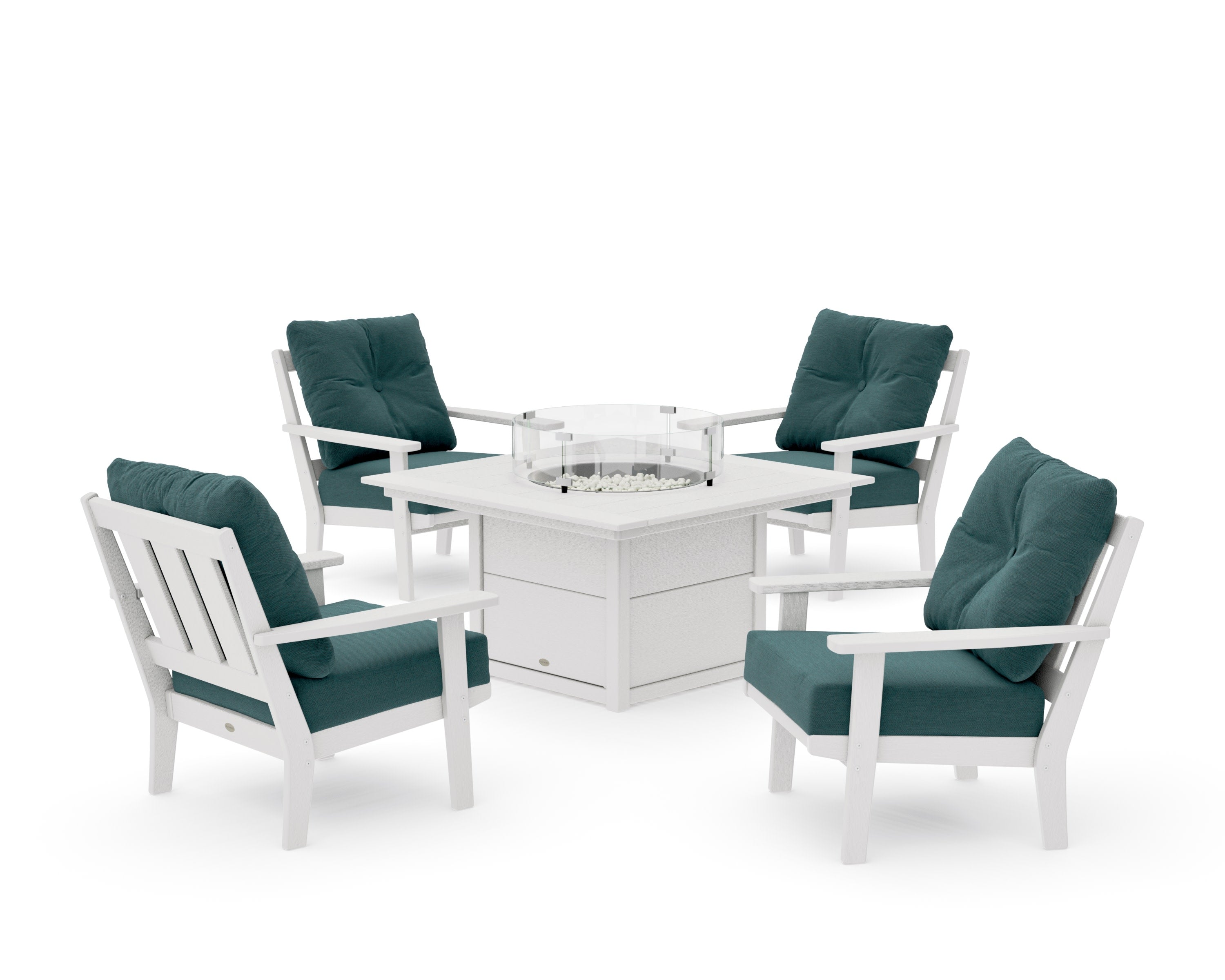 Oxford 5-Piece Deep Seating Set with Fire Pit Table in Vintage White / Ocean Teal