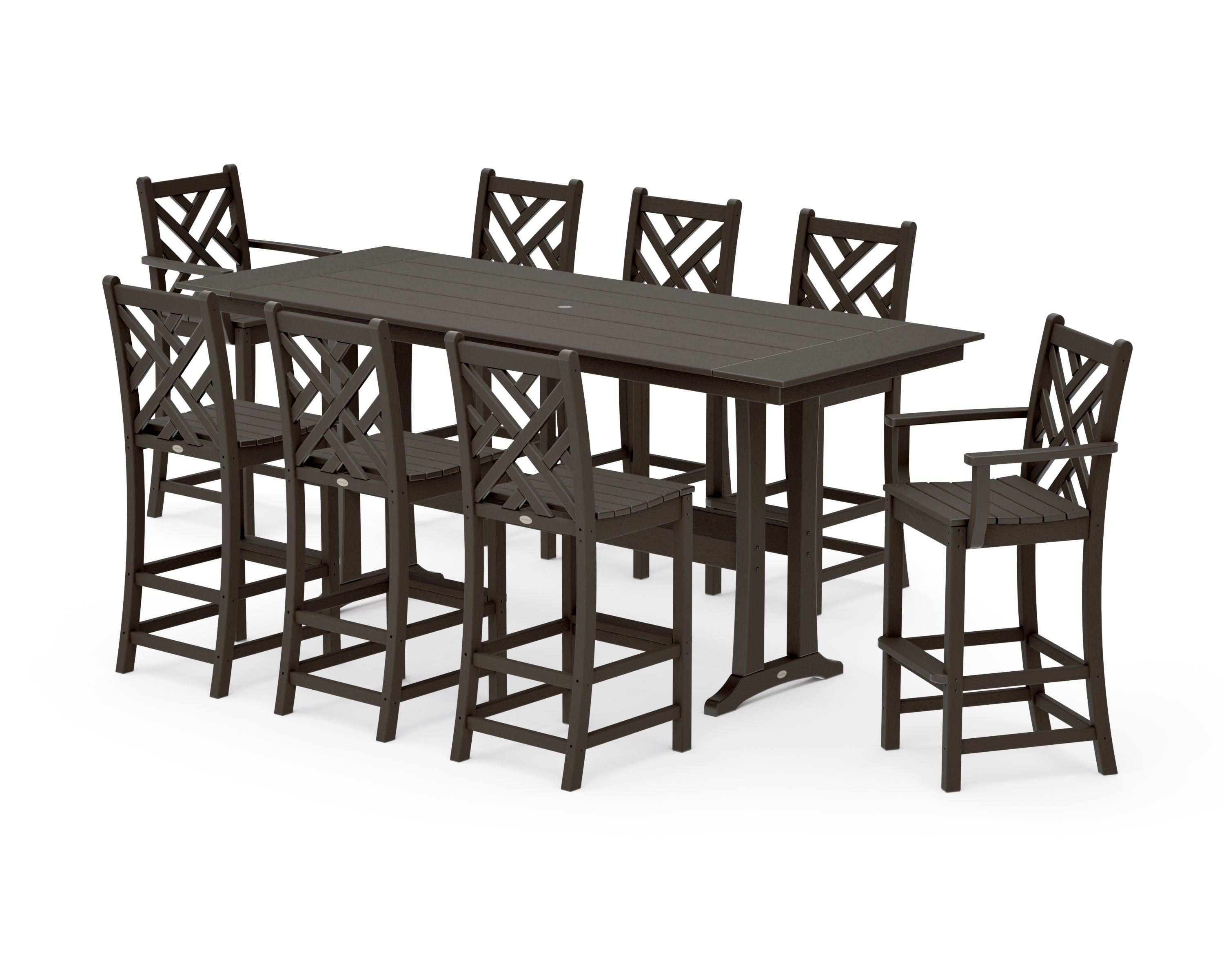 Chippendale 9-Piece Farmhouse Bar Set with Trestle Legs in Vintage Coffee