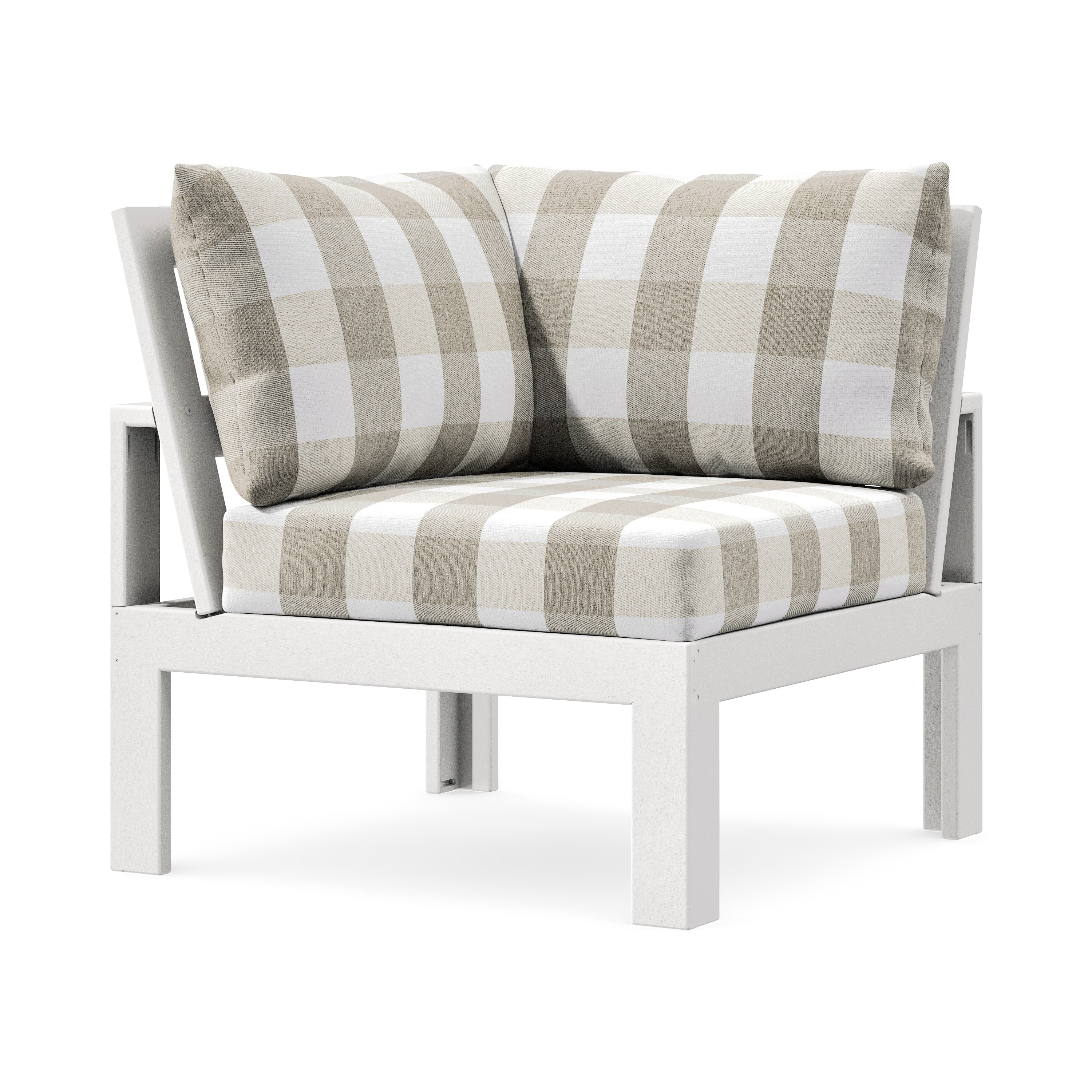 Modular Corner Chair in White / Buffalo Plaid Dune Burlap