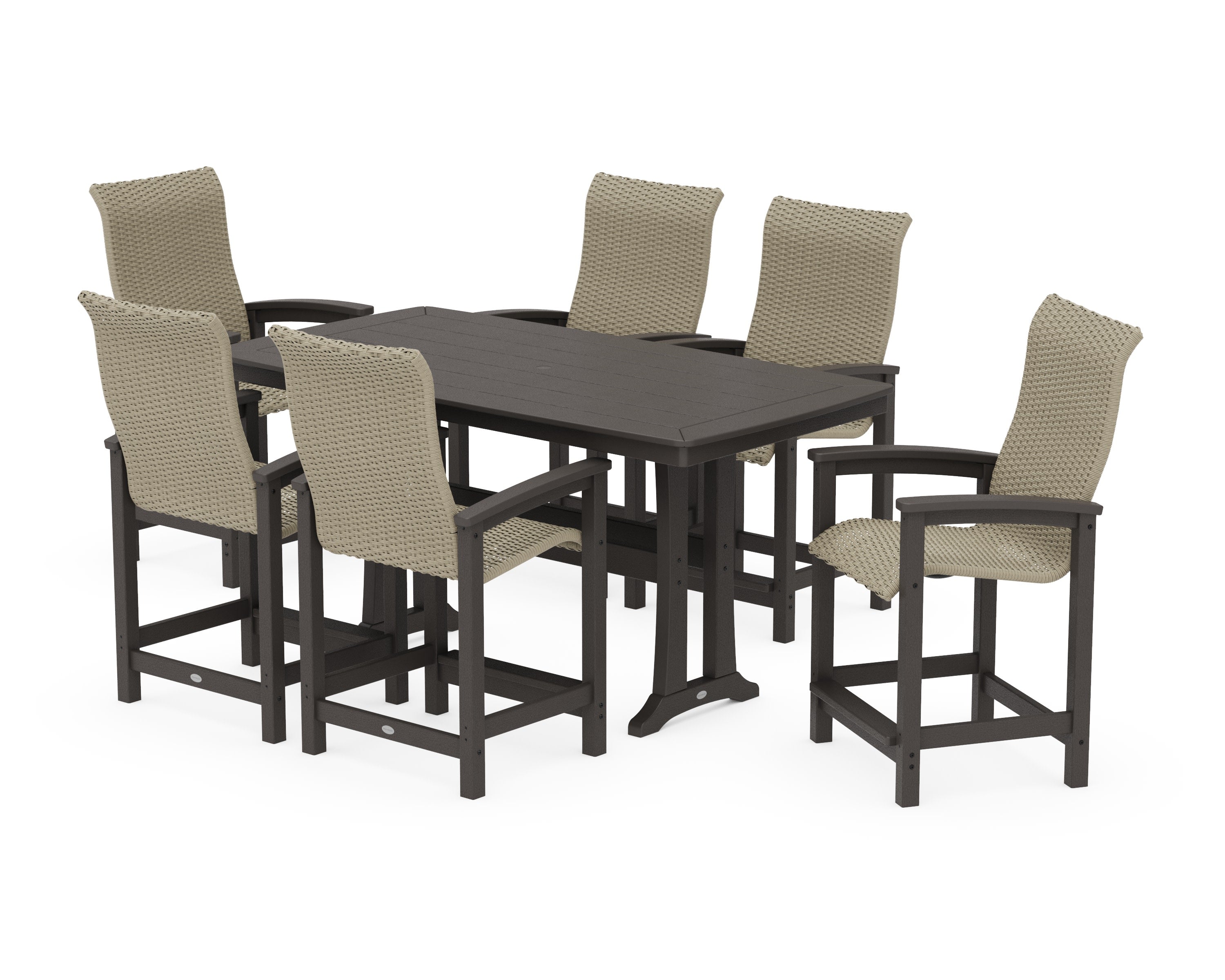 Coastal Woven High-Back Arm Chair 7-Piece Counter Set with Trestle Legs in Vintage Coffee / Dune Grass