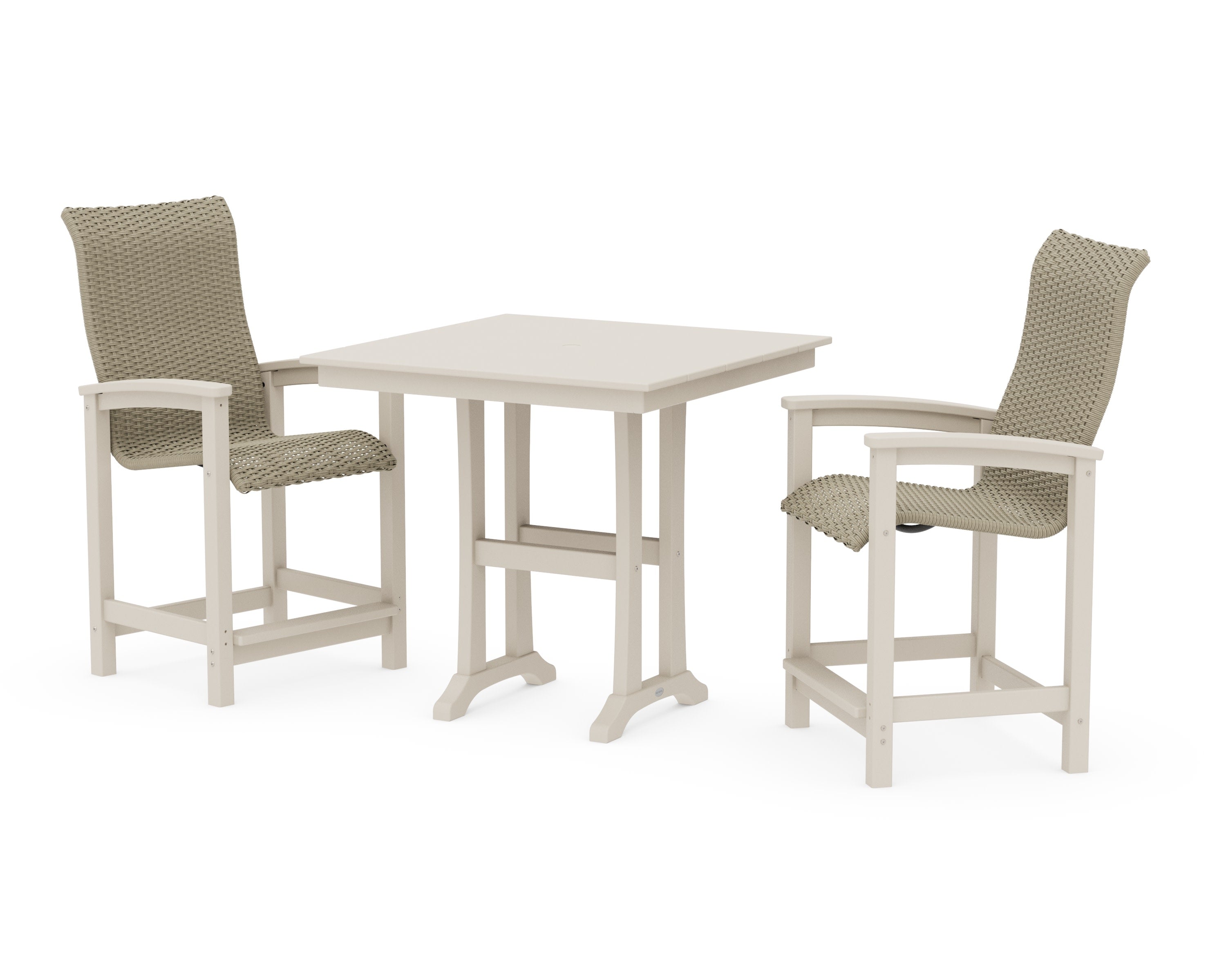 Coastal Woven High-Back 3-Piece Farmhouse Counter Set with Trestle Legs in Sand / Dune Grass