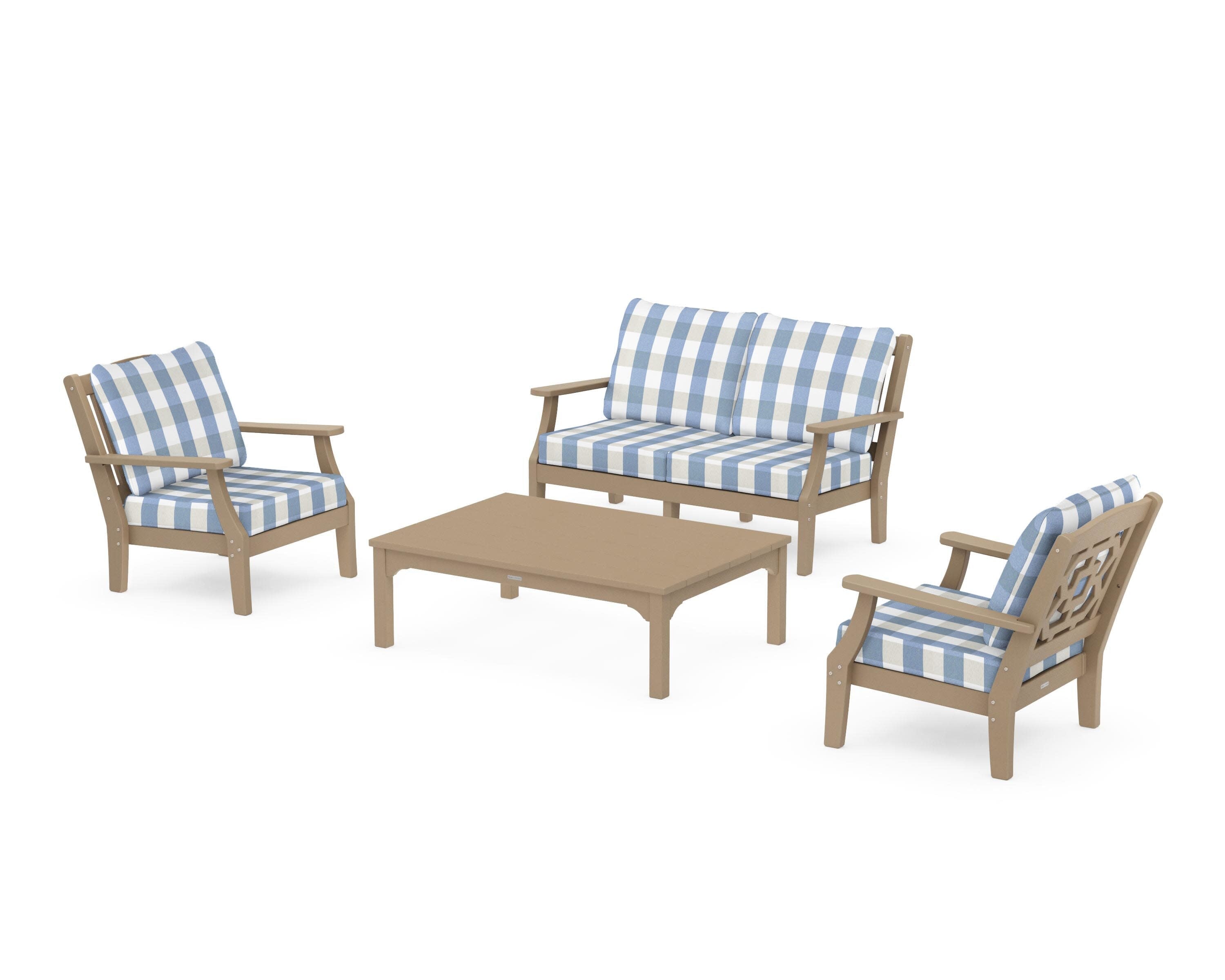 Chinoiserie 4-Piece Deep Seating Set with Loveseat in Vintage Sahara / Buffalo Plaid Sky Blue