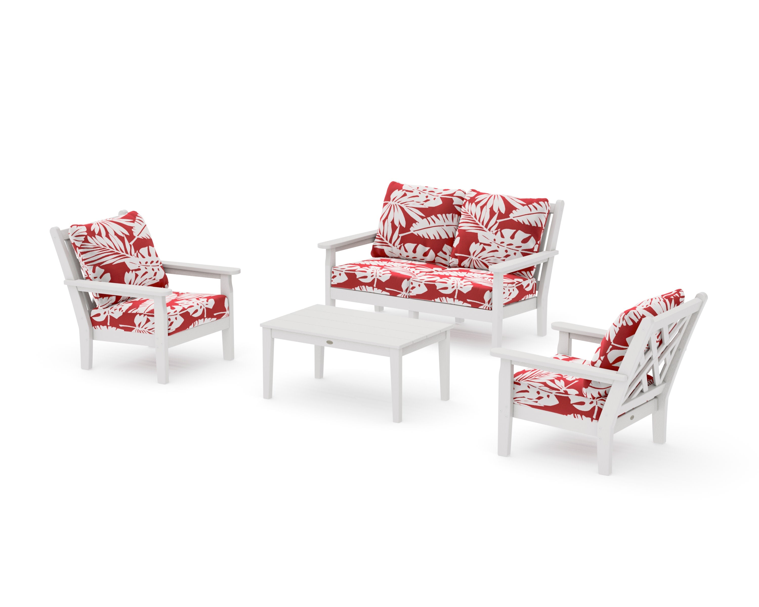 Chippendale 4-Piece Deep Seating Set with Loveseat in Vintage White / Leaf Crimson