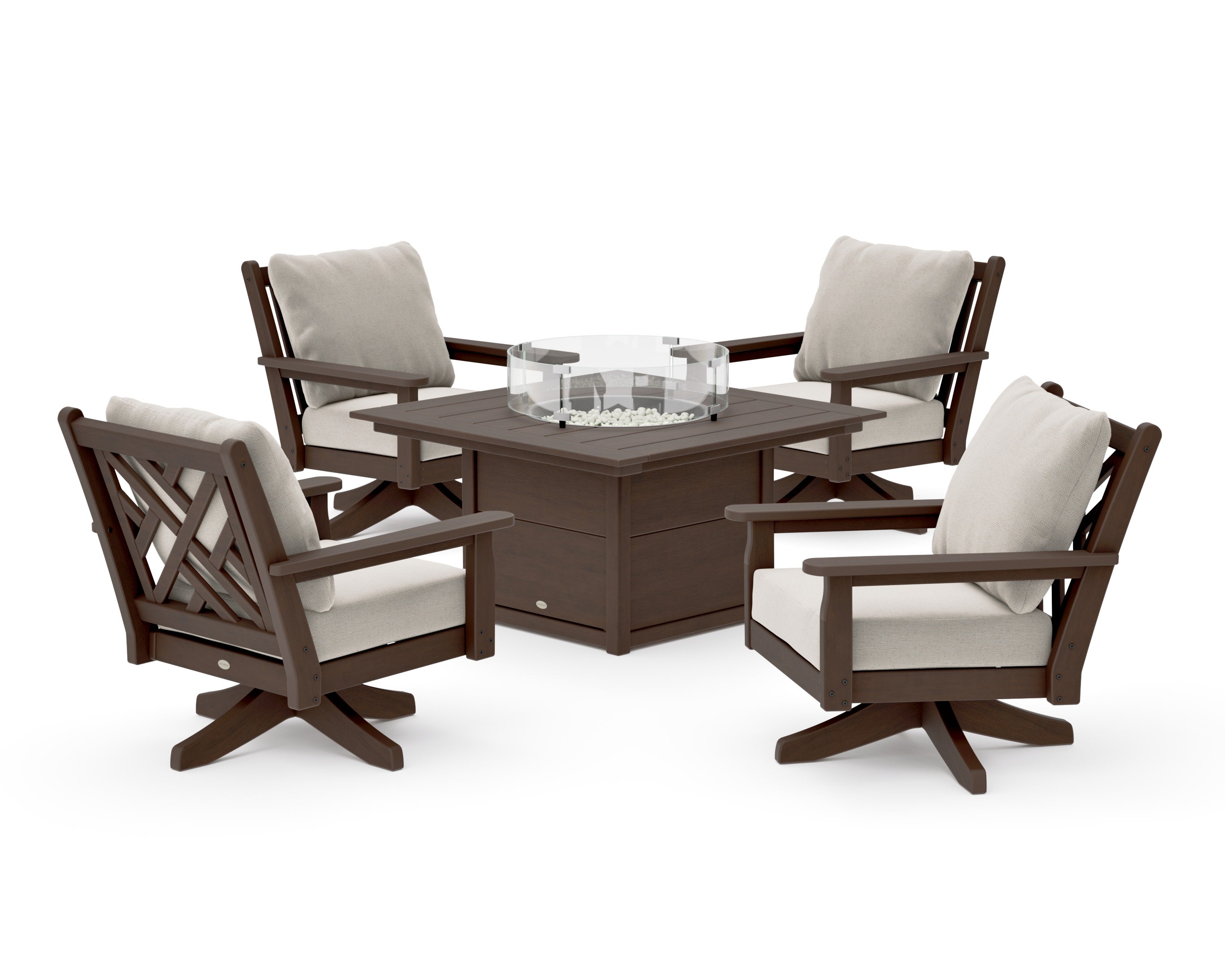 Chippendale 5-Piece Deep Seating Swivel Conversation Set with Fire Pit Table in Kona / Dune Burlap