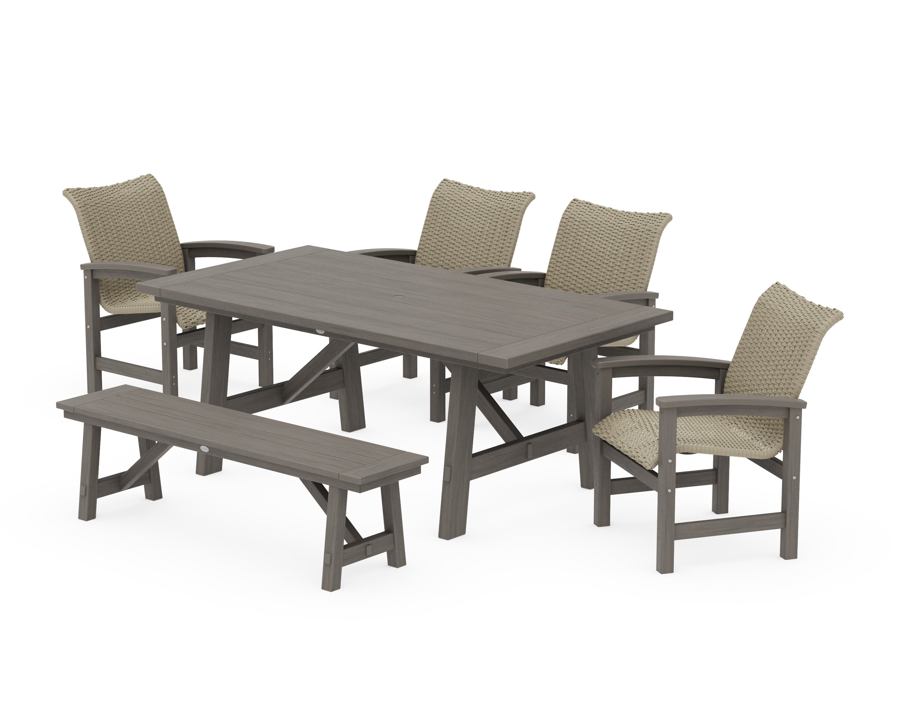Coastal Woven 6-Piece Rustic Farmhouse Dining Set with Bench in Driftwood / Dune Grass