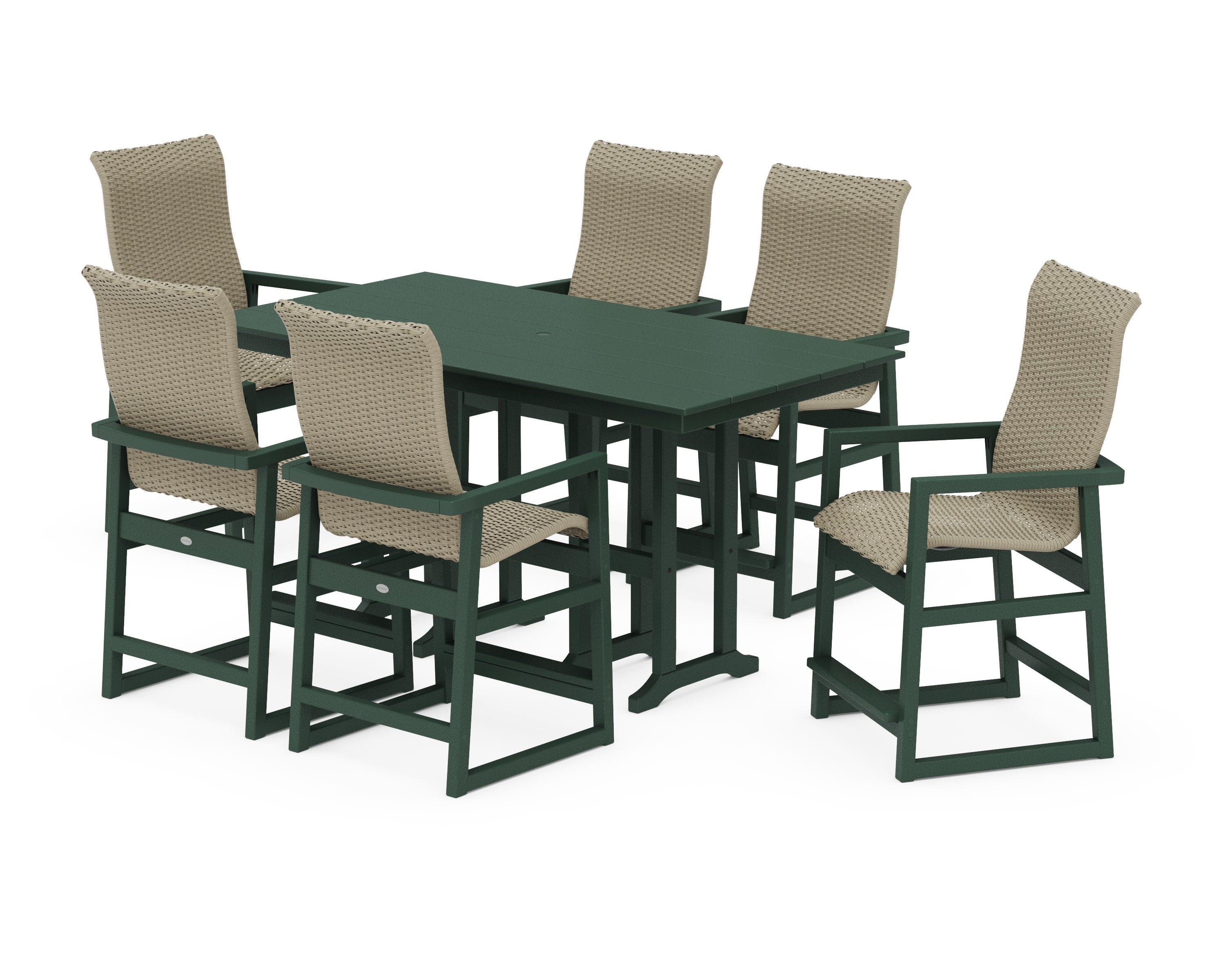 EDGE Woven Highback Arm Chair 7-Piece Farmhouse Counter Set in Green / Dune Grass