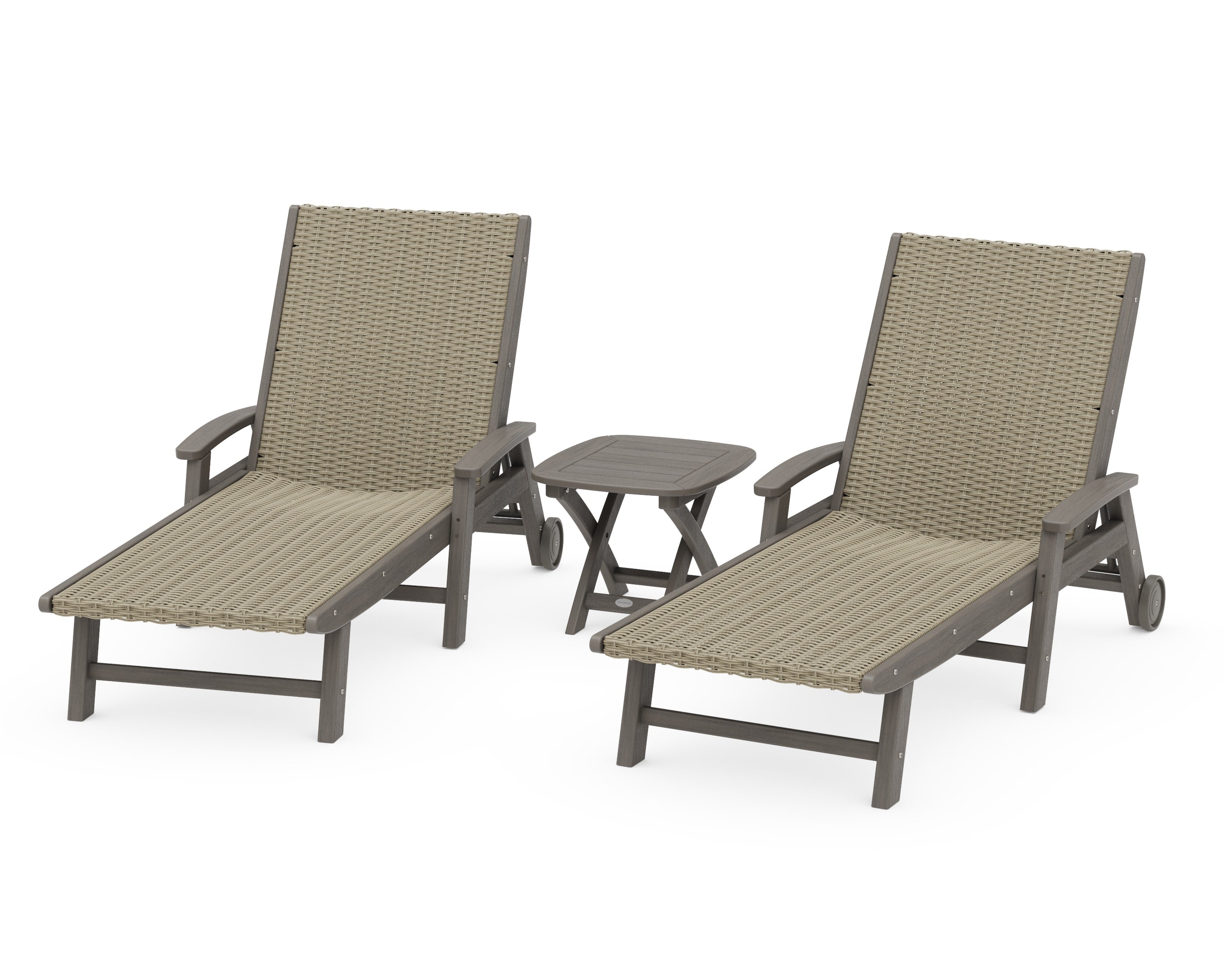 3-Piece Coastal Woven Chaise with Arms and Wheels Chaise Lounge Set in Driftwood / Dune Grass